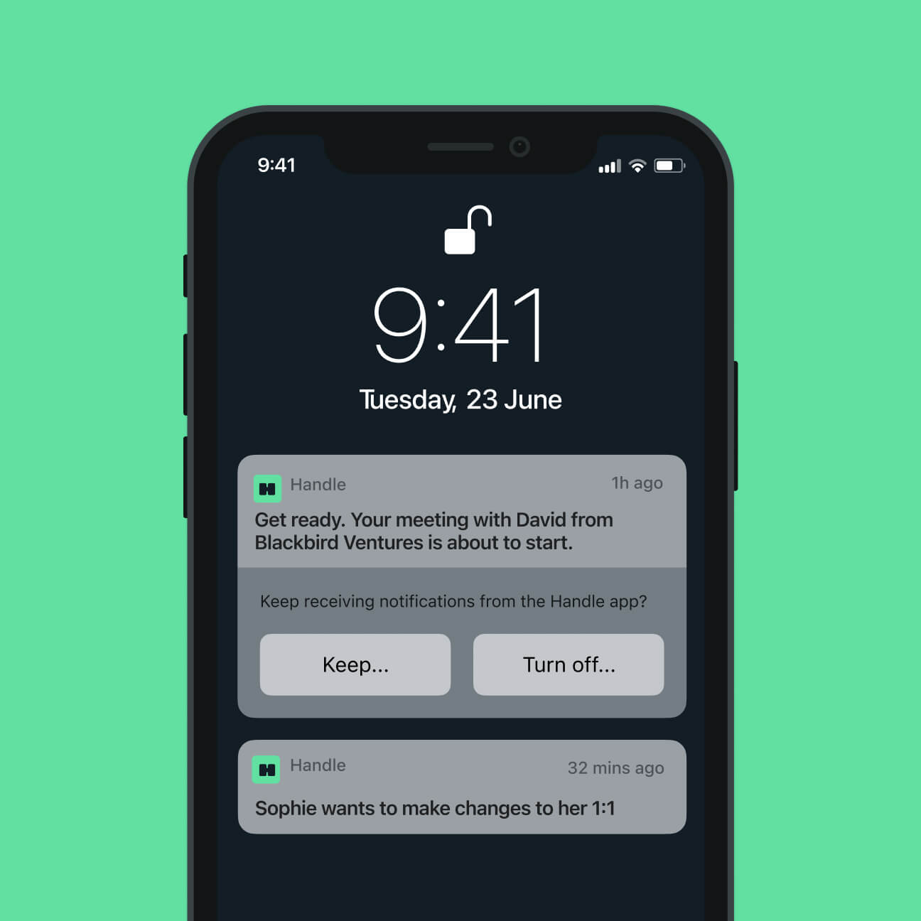 Handle product notification UI showing an AI-assistant meeting reminder