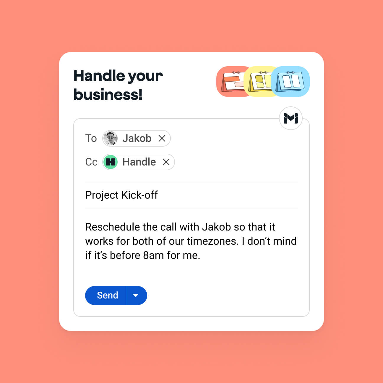 Handle email template mockup in the refreshed brand identity for product communications