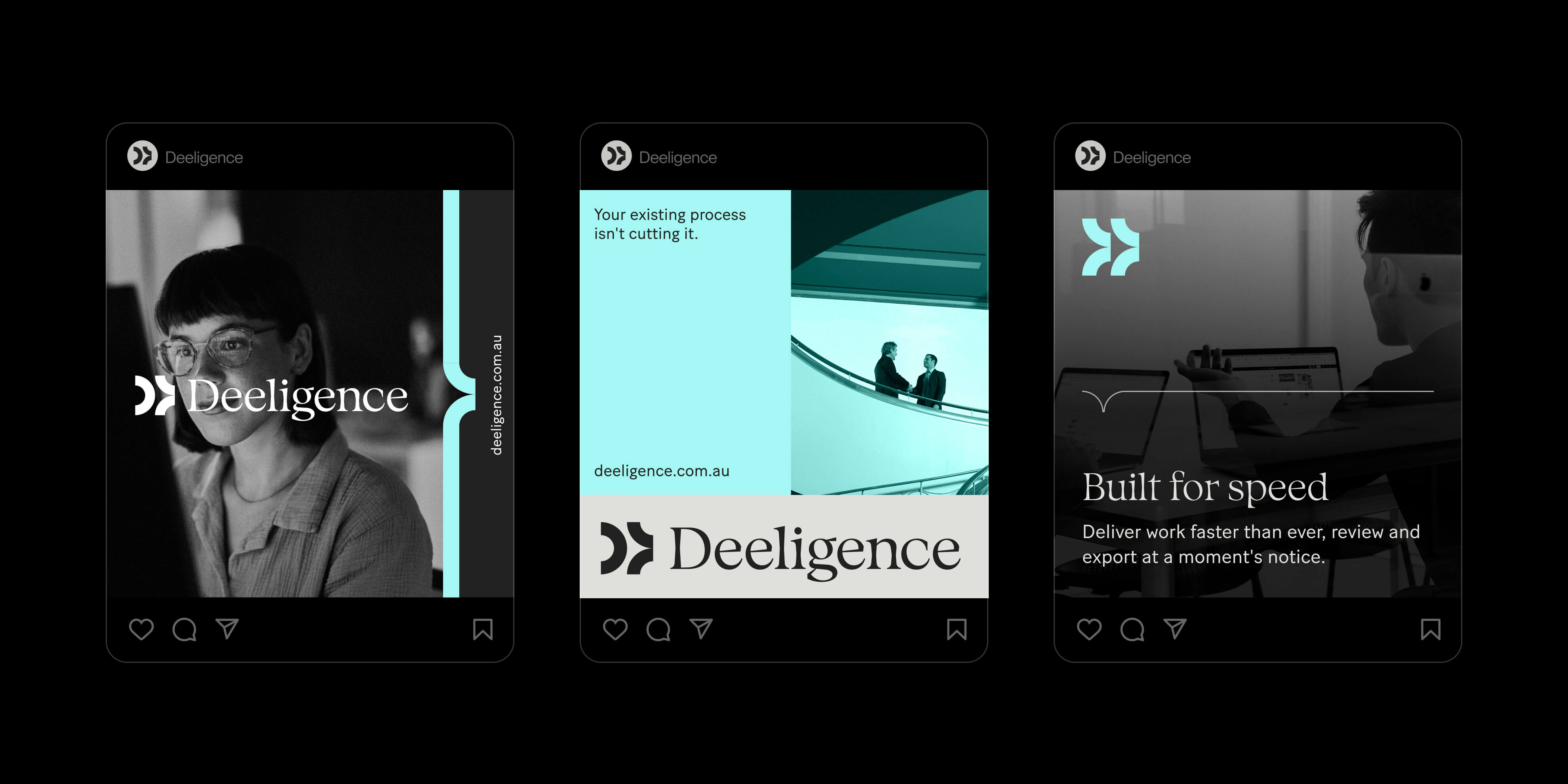 Deeligence Instagram feed mockup showing the refined legal-tech enterprise visual identity