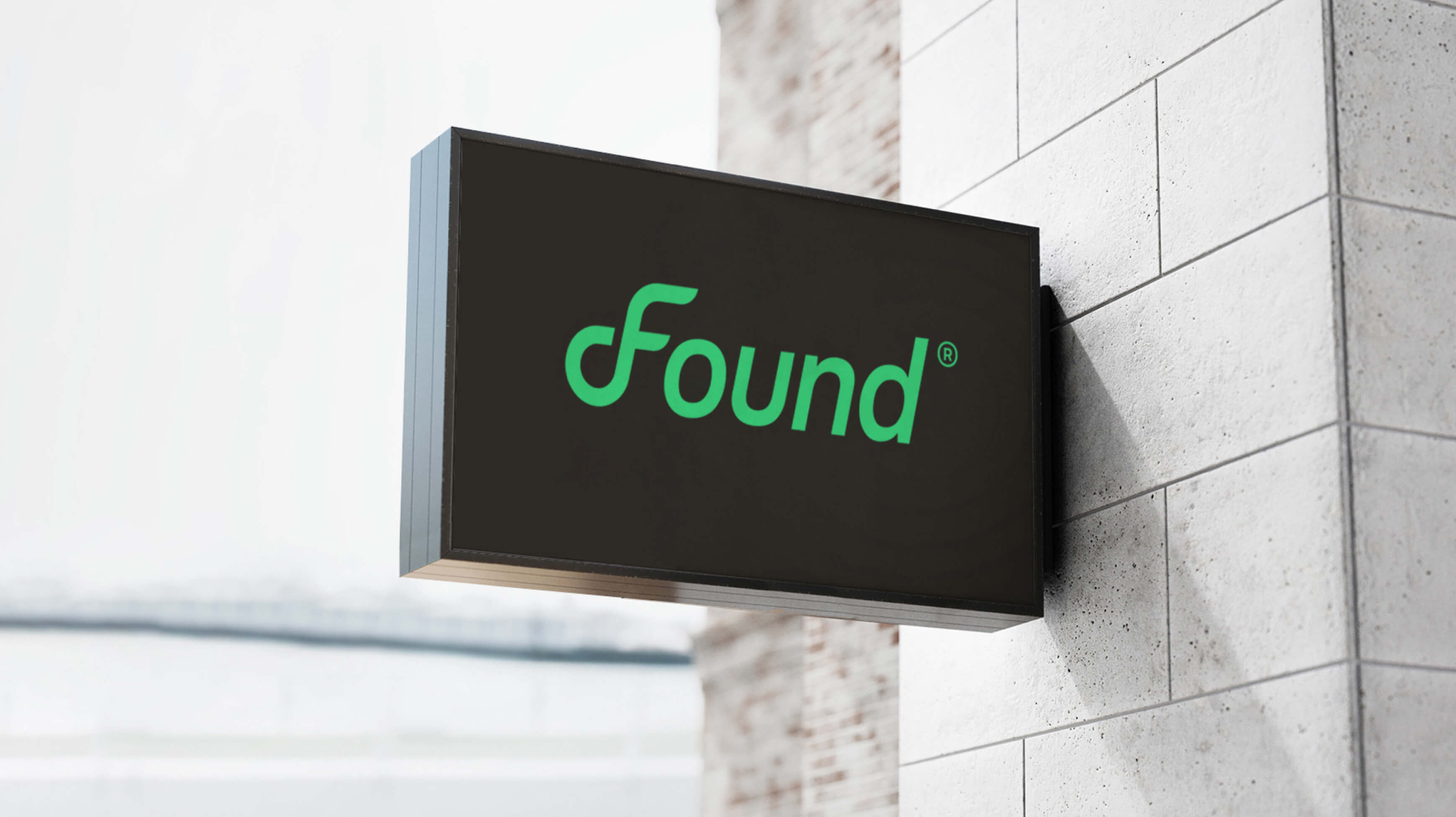 Hand-painted Found brand sign referencing hardware store signage from the research phase