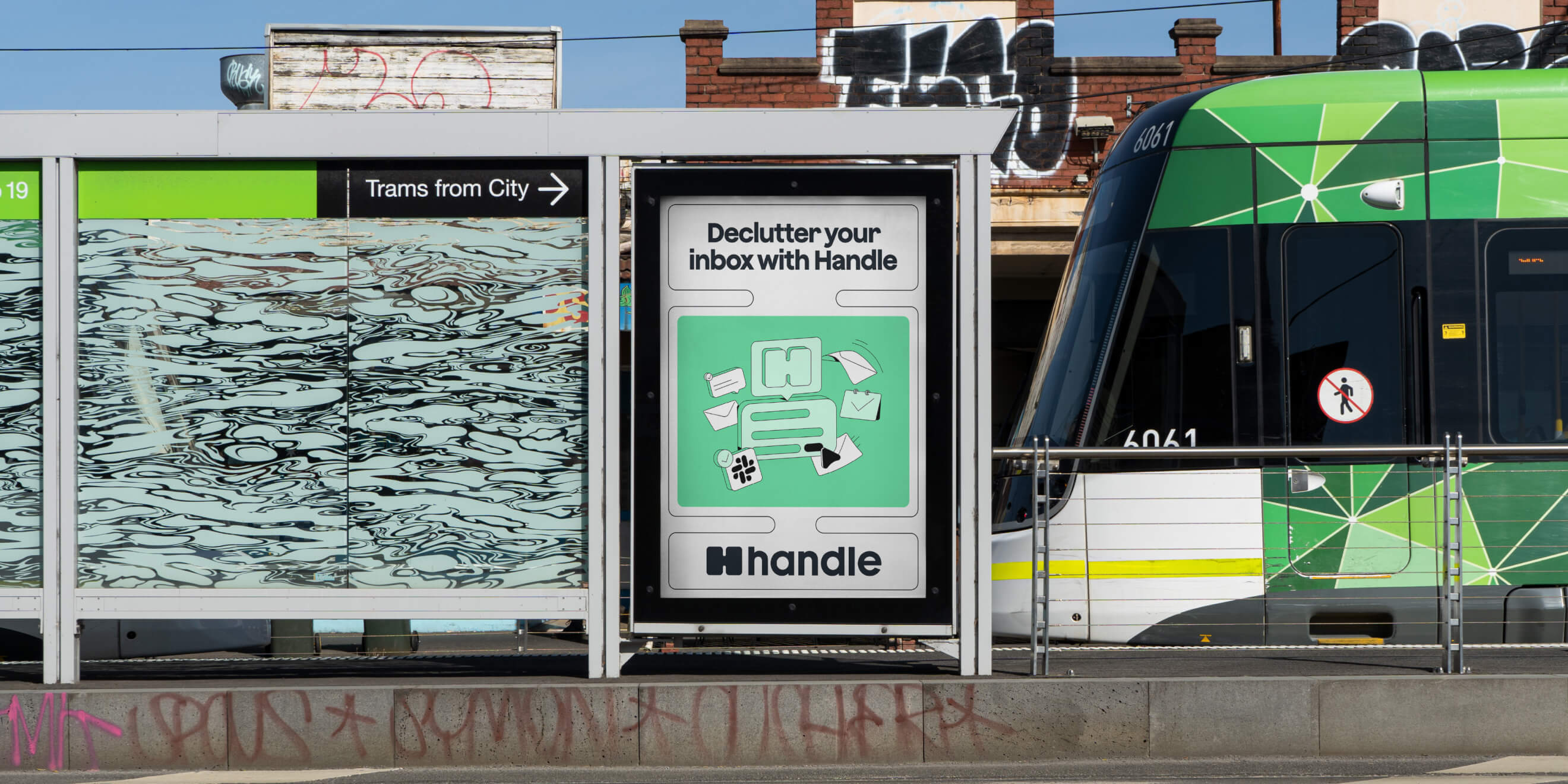 Handle tram-stop advertisement showing the brand wordmark and AI meeting-assistant tagline