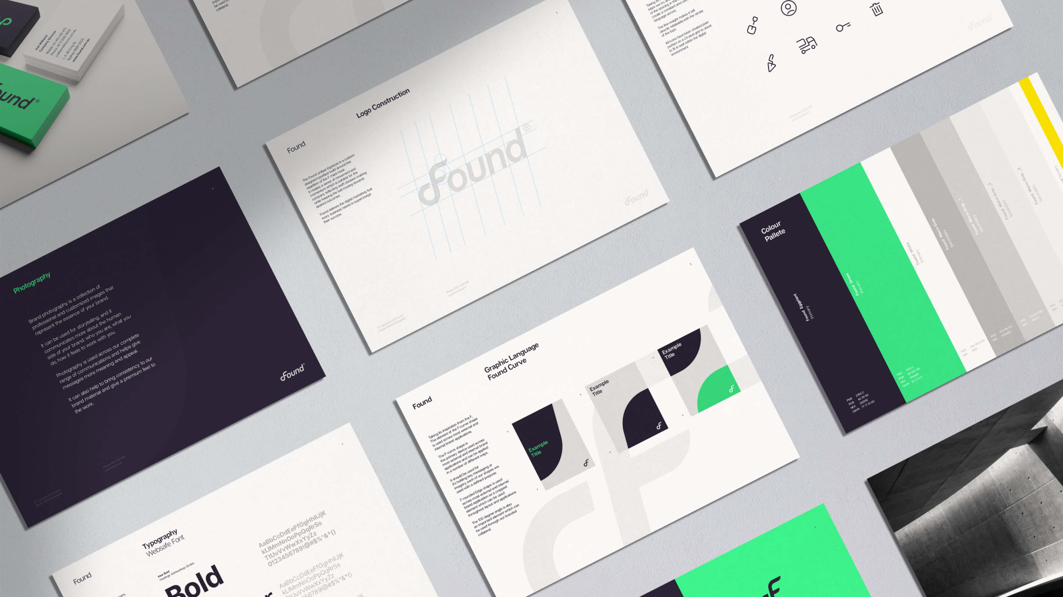 Found styleguide spread showing typography, colour and graphic device usage rules