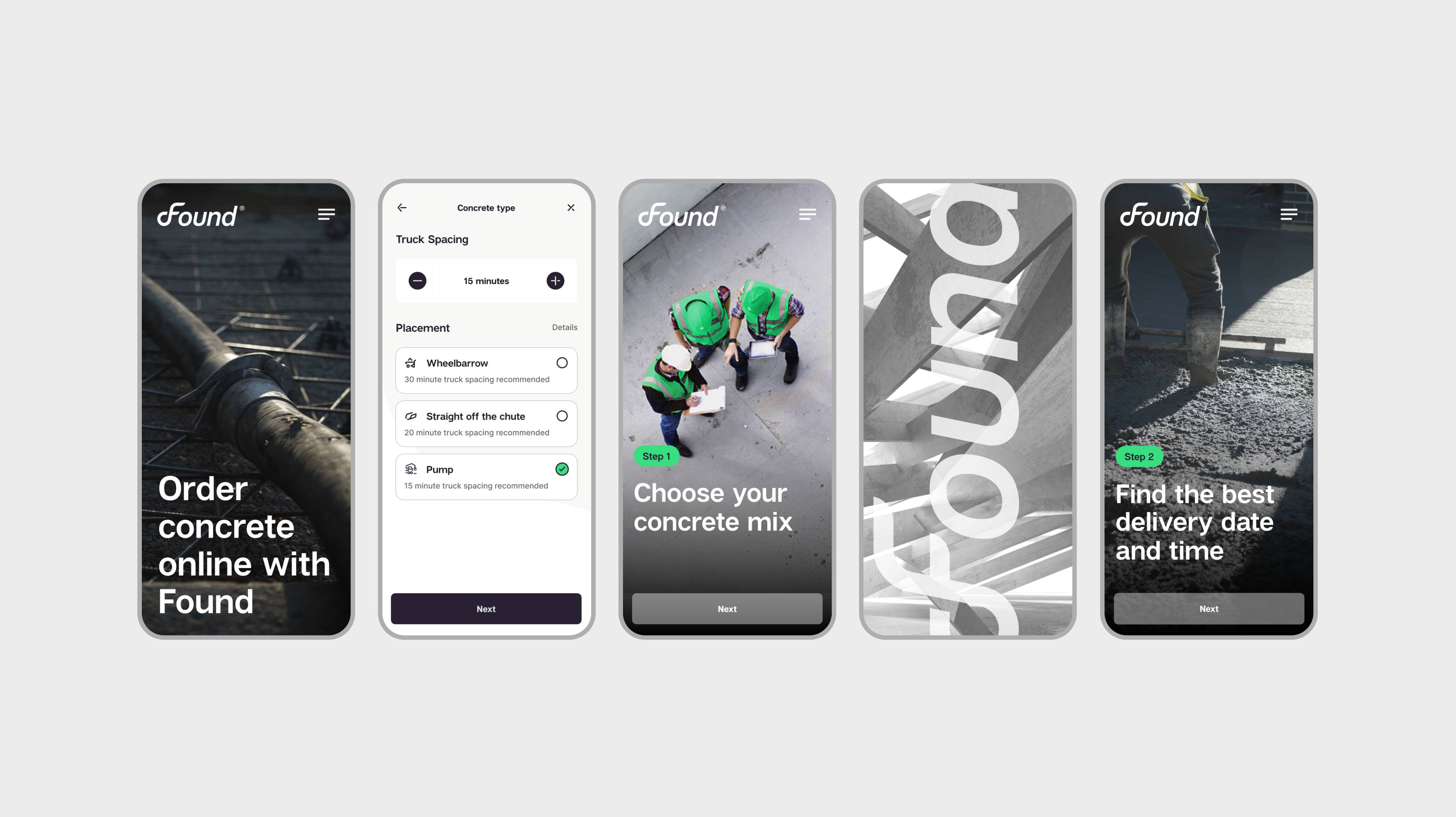 Found mobile app screen showing the concrete ordering flow for tradies