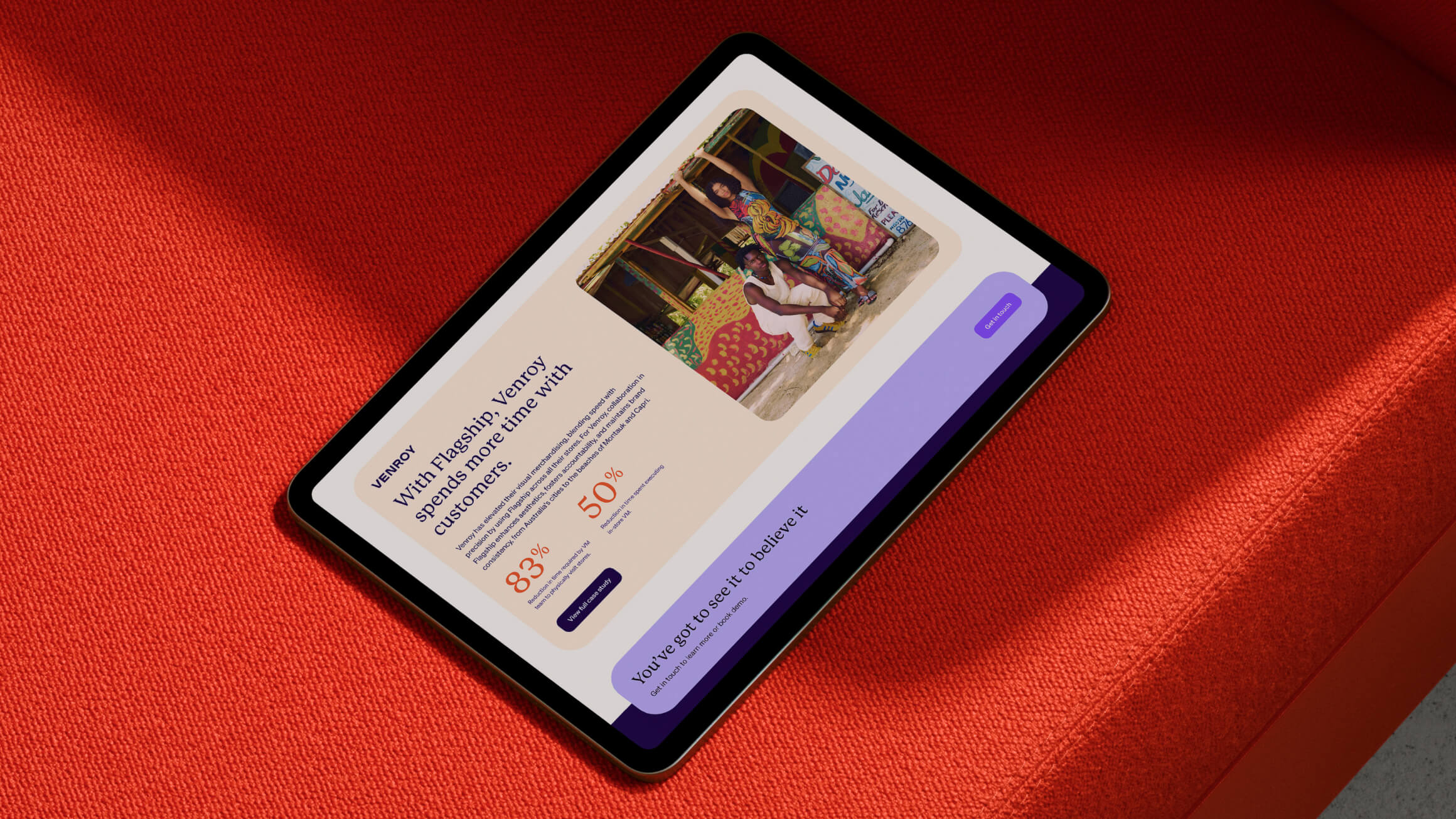 Flagship product experience on an iPad showing the merchandising dashboard in context