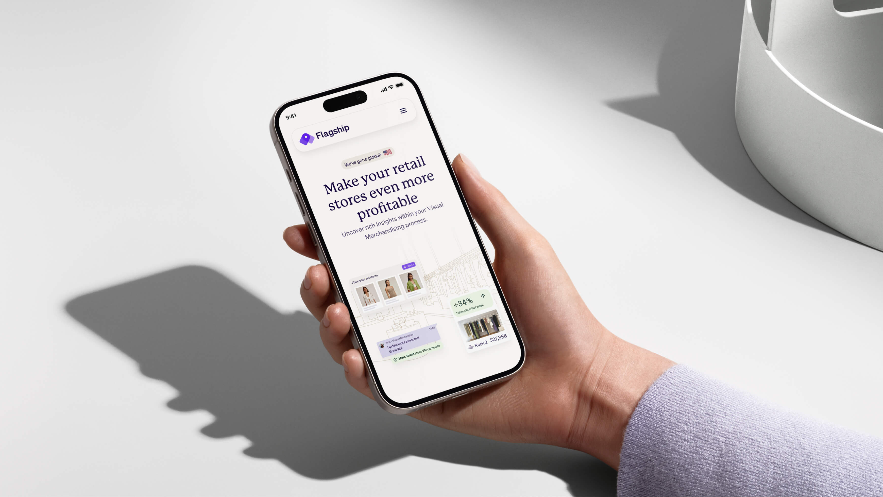 Flagship website mockup on a mobile phone showing the refreshed product landing pages