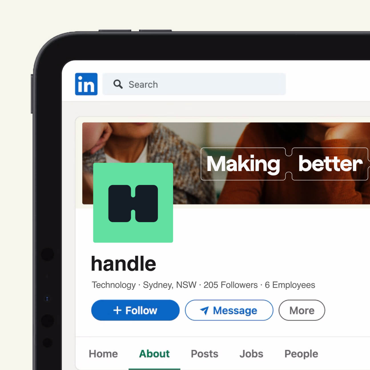 Handle LinkedIn company page mockup showing the launch announcement in the brand identity
