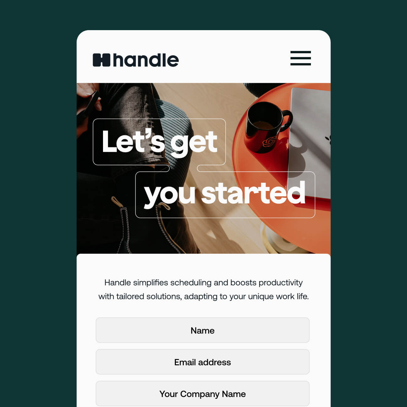 Handle product signup screen showing the onboarding flow in the refreshed brand identity