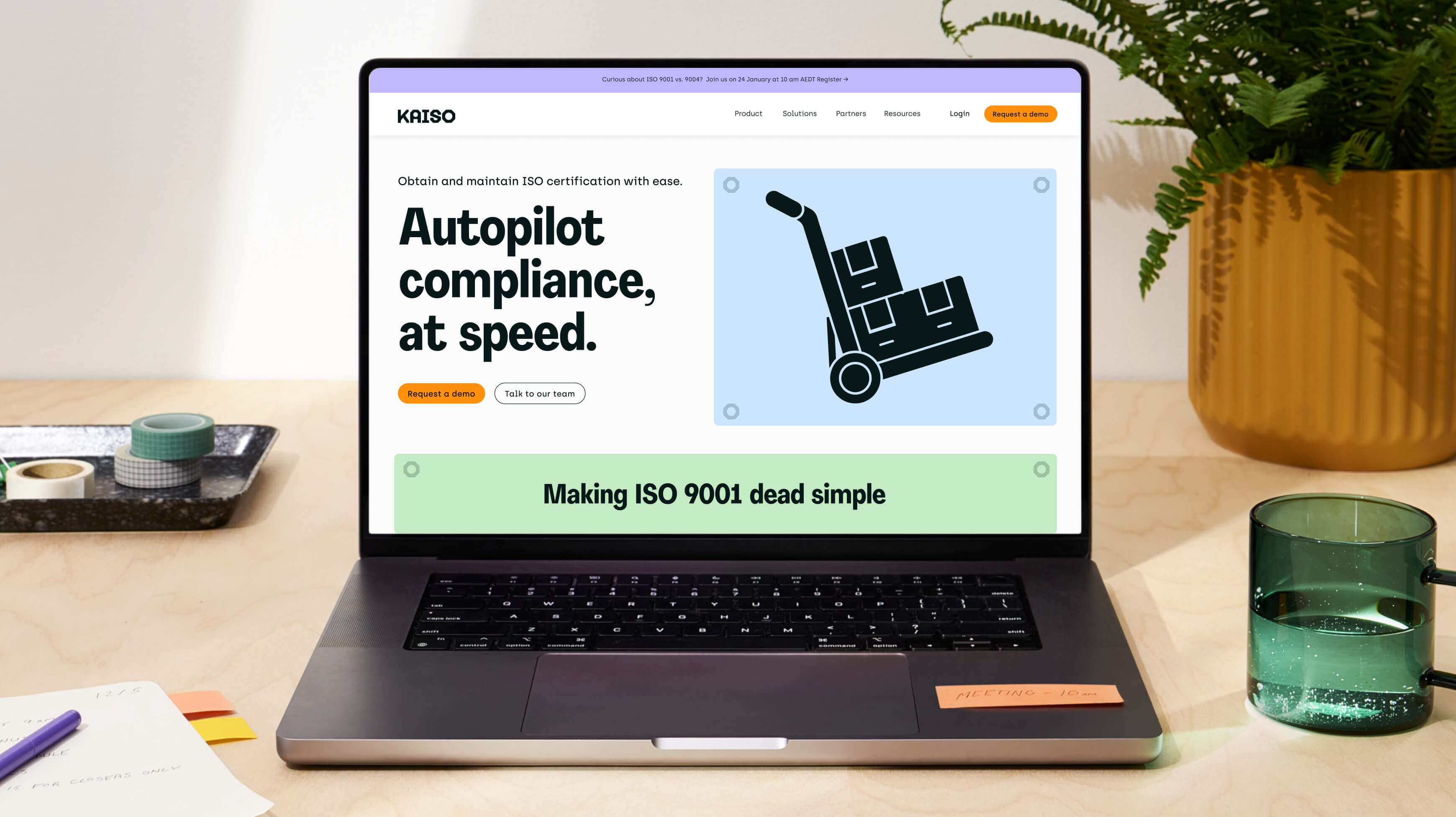 Kaiso SaaS platform shown on a laptop with the ISO compliance workflow dashboard