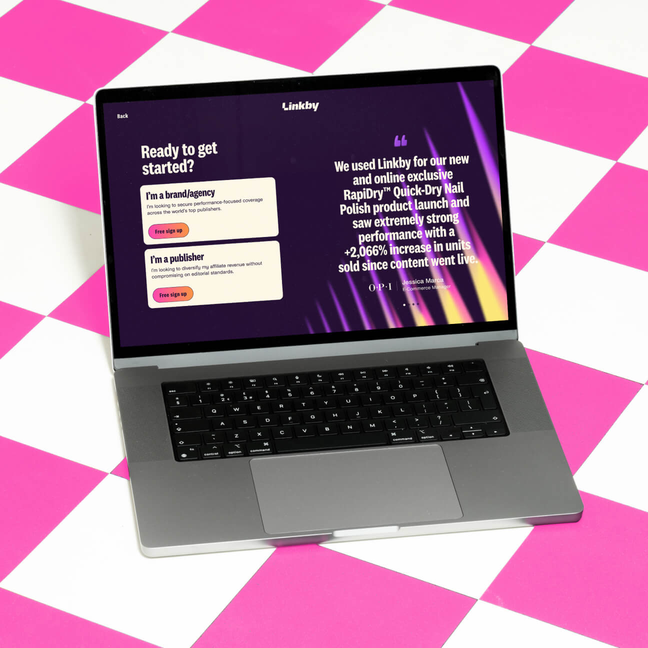 Linkby product signup screen in the refreshed brand identity for performance PR