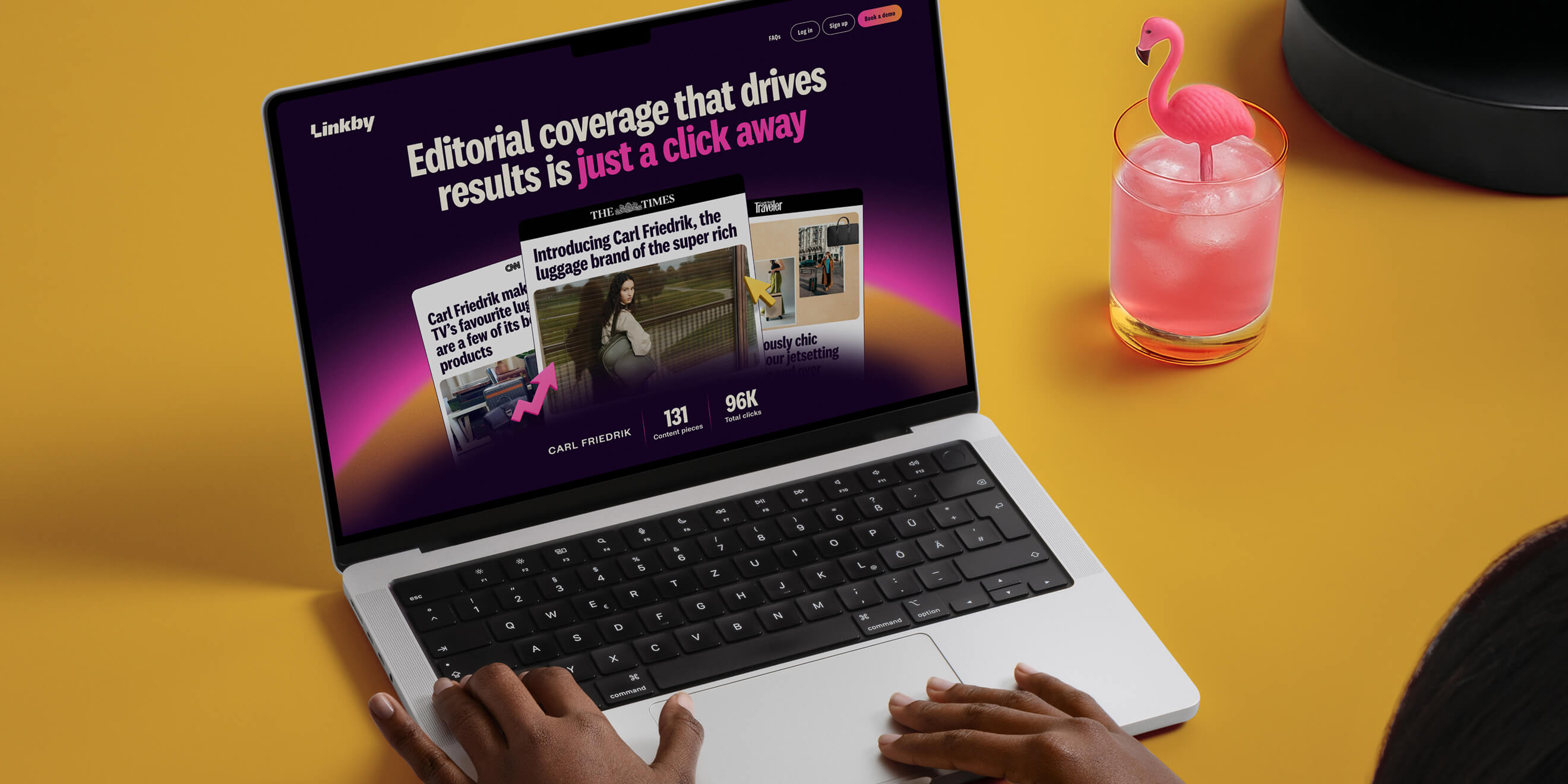 Linkby website homepage mockup showing the refreshed identity for the performance PR platform