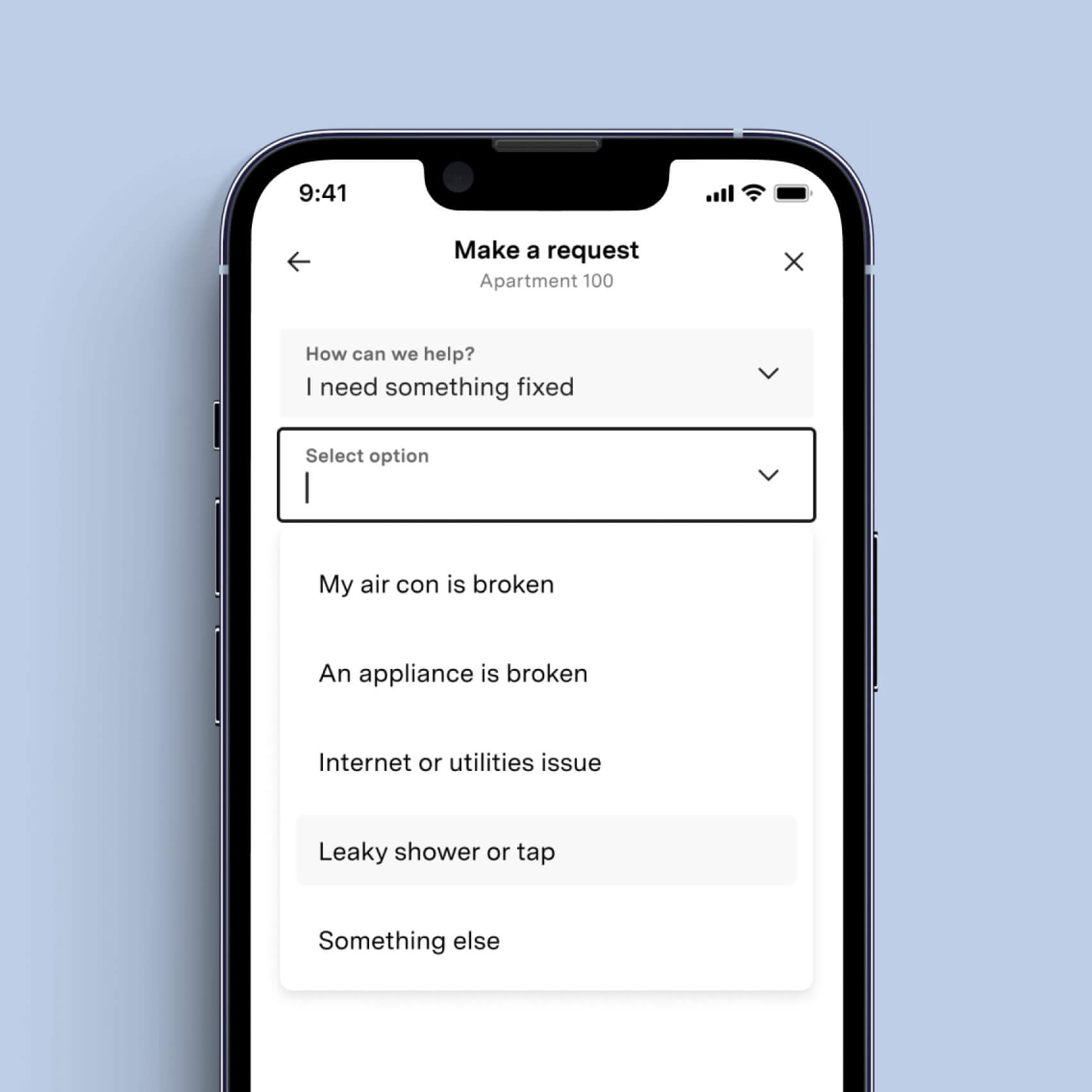 Mirvac LIV app service request screen for maintenance and concierge tasks