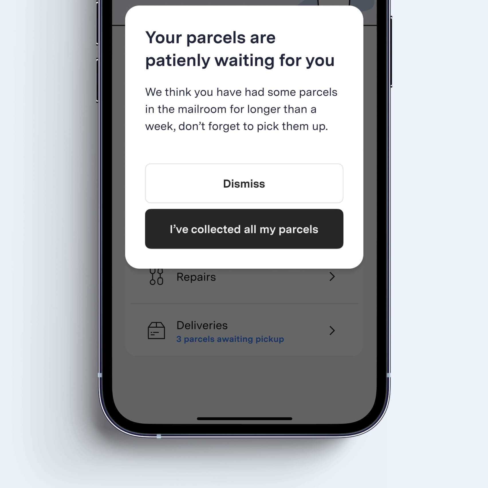 Mirvac LIV app parcel notification screen showing delivered-package alerts