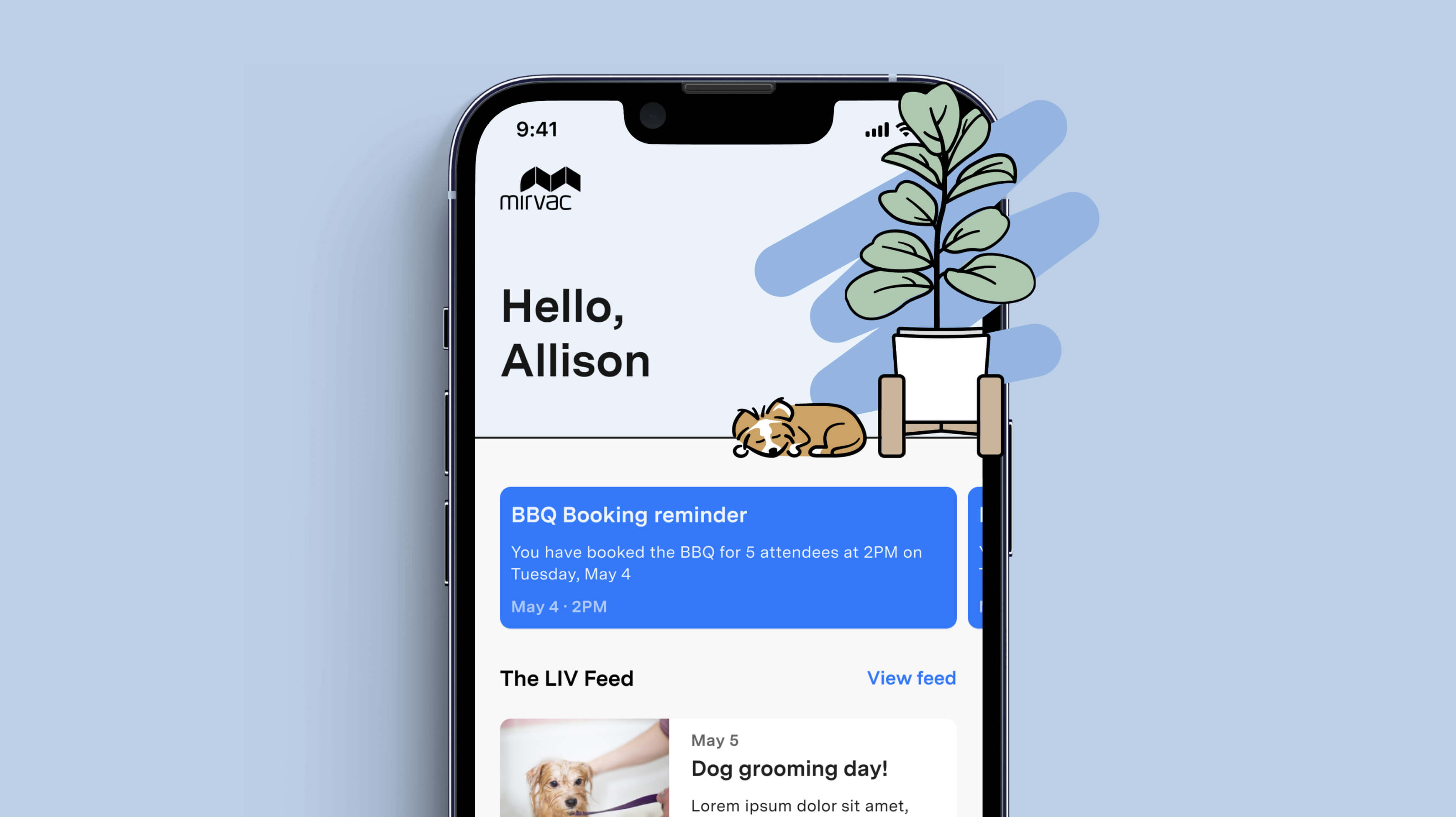 Mirvac LIV build-to-rent app home screen showing the resident services dashboard