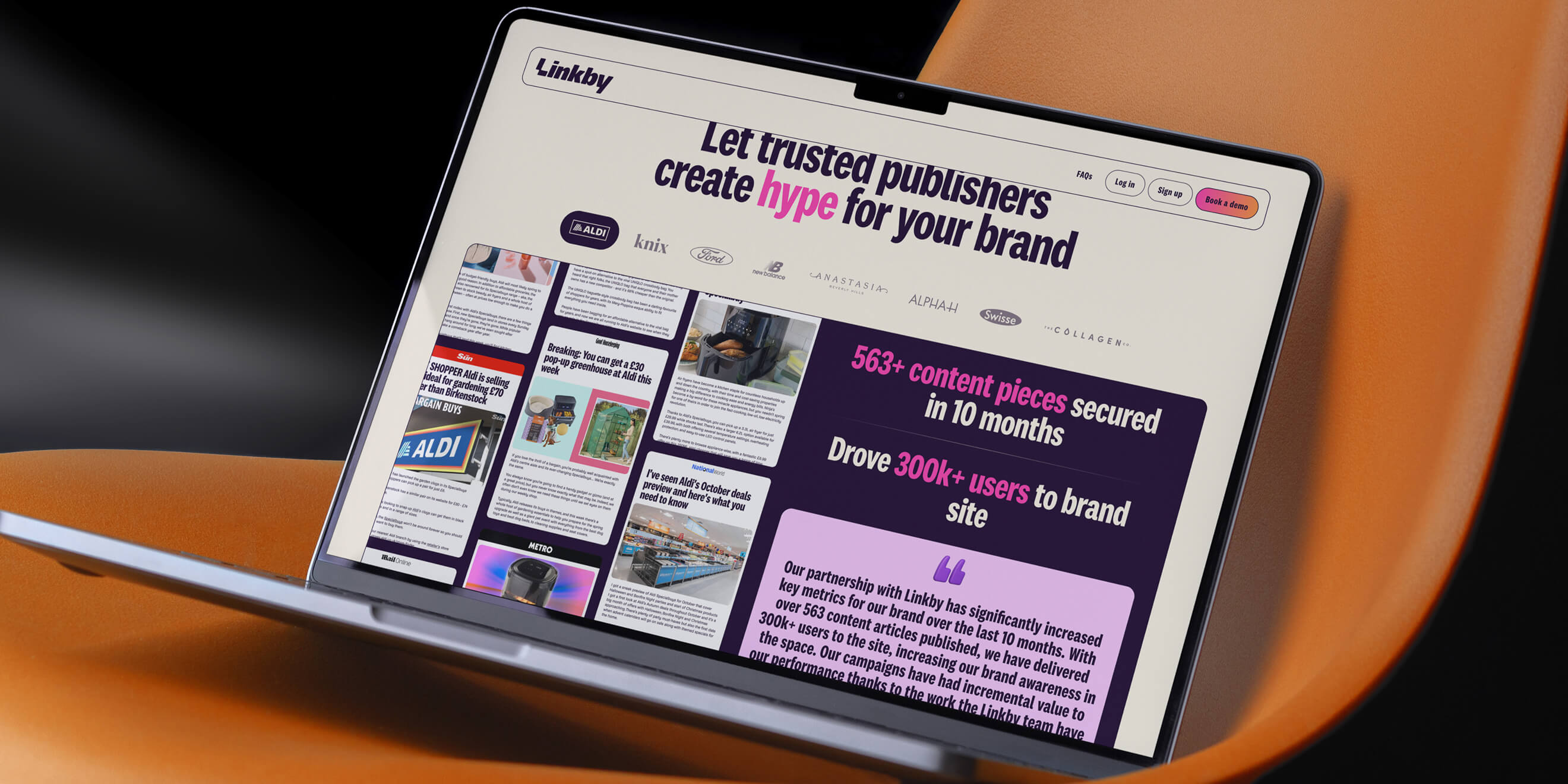 Linkby case study creative mockup showing clipped article format in the refreshed identity