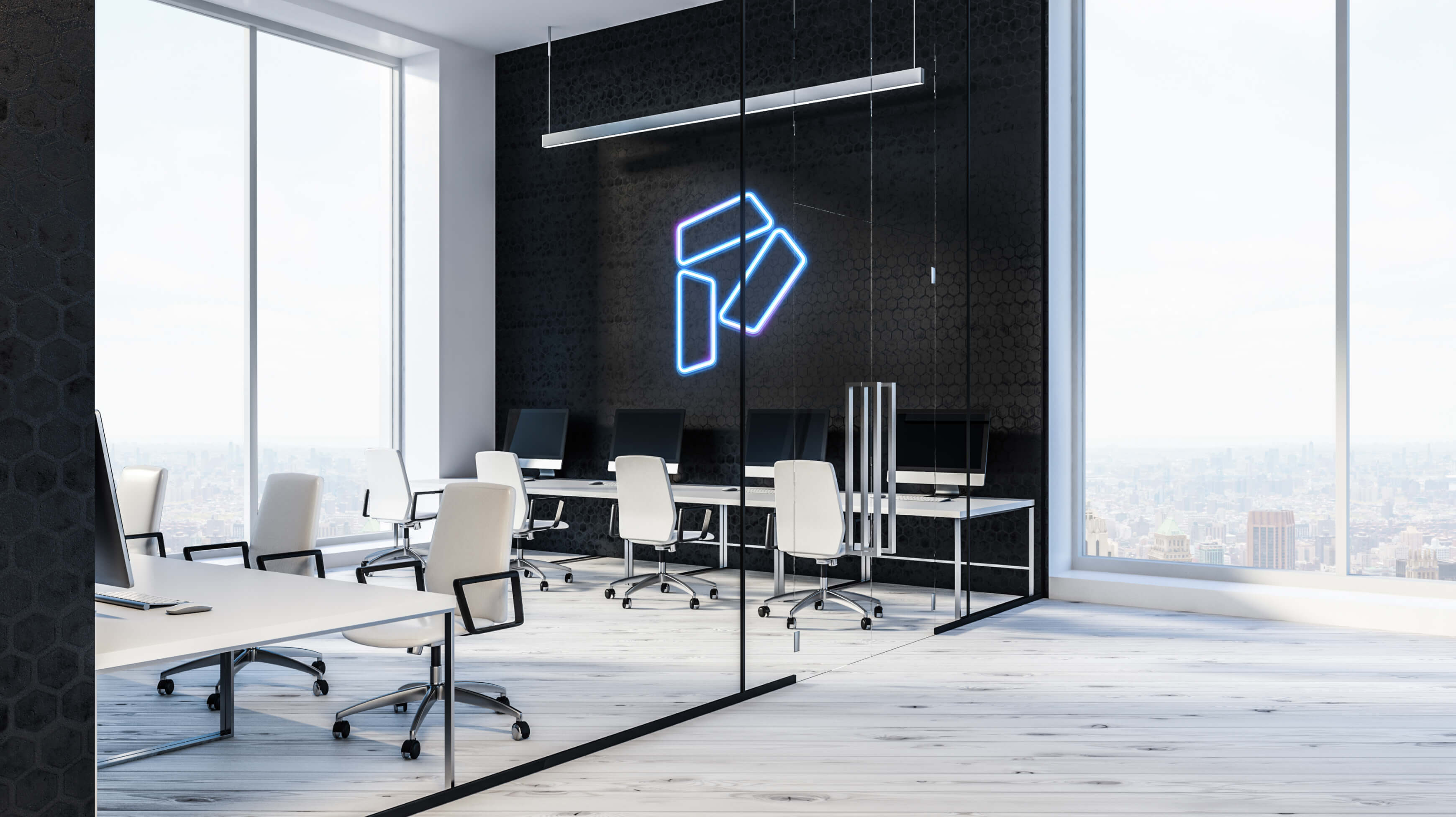 PropHero office space with the HeroBeam graphic device applied across the interior