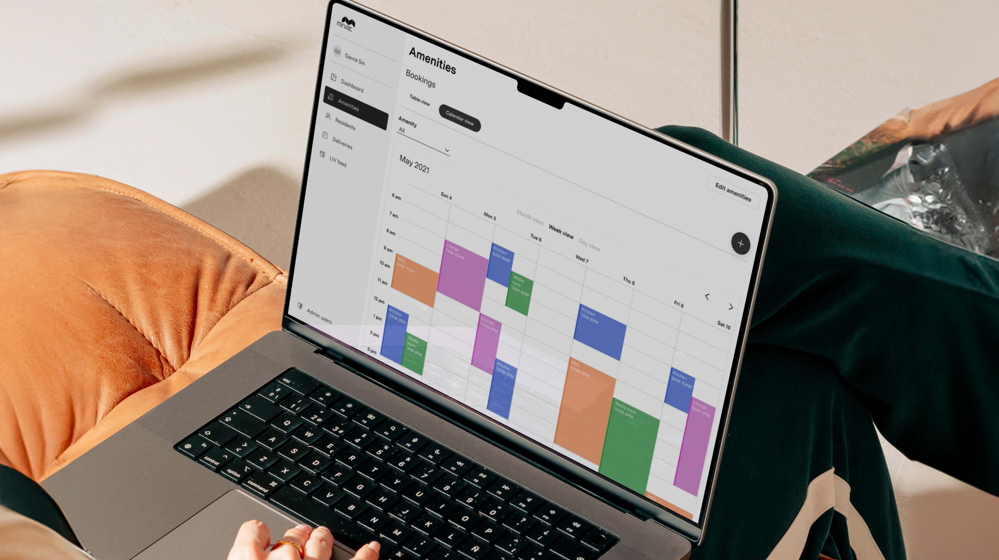 Mirvac LIV admin calendar screen showing community events scheduling for building managers