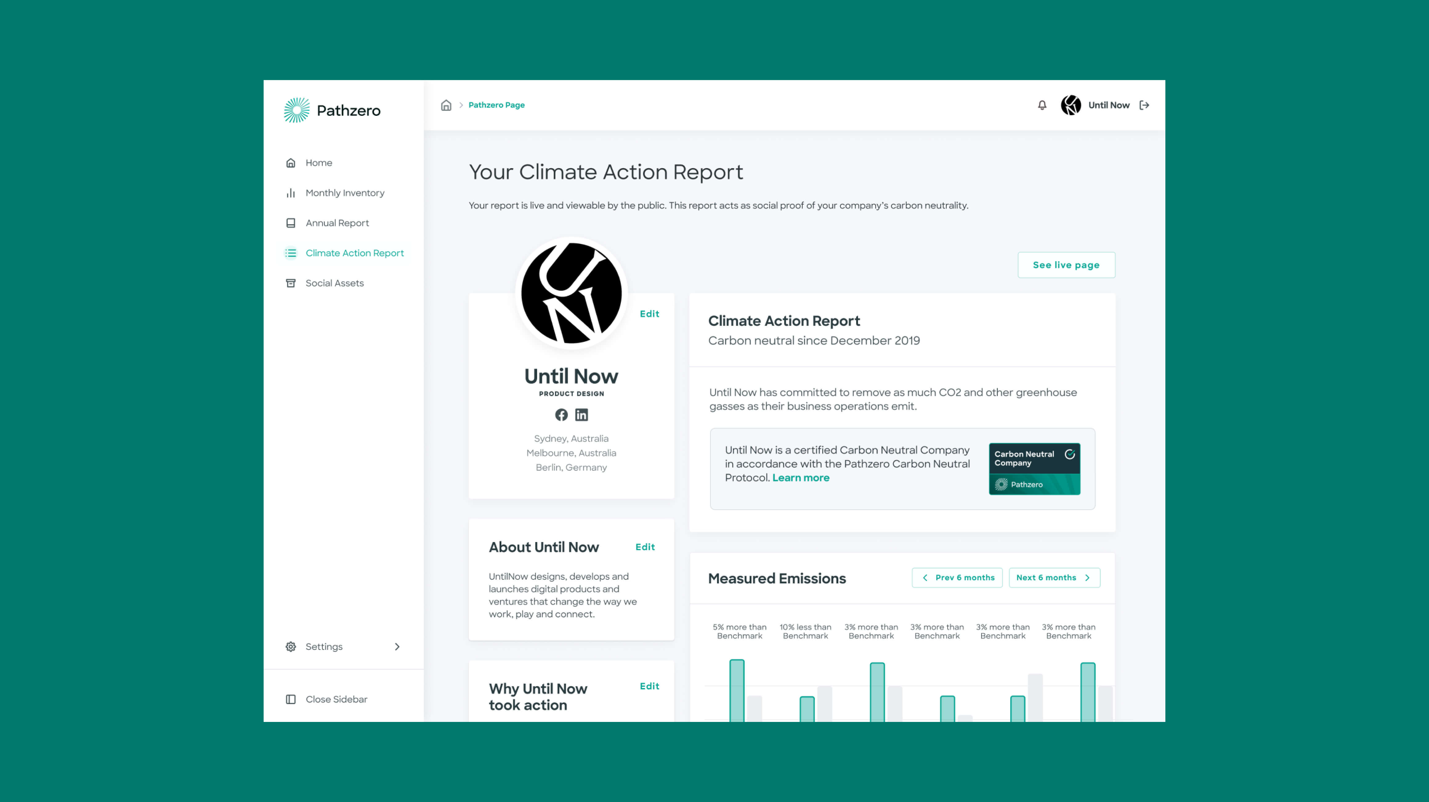Pathzero product report page showing carbon footprint data visualisation for SMEs