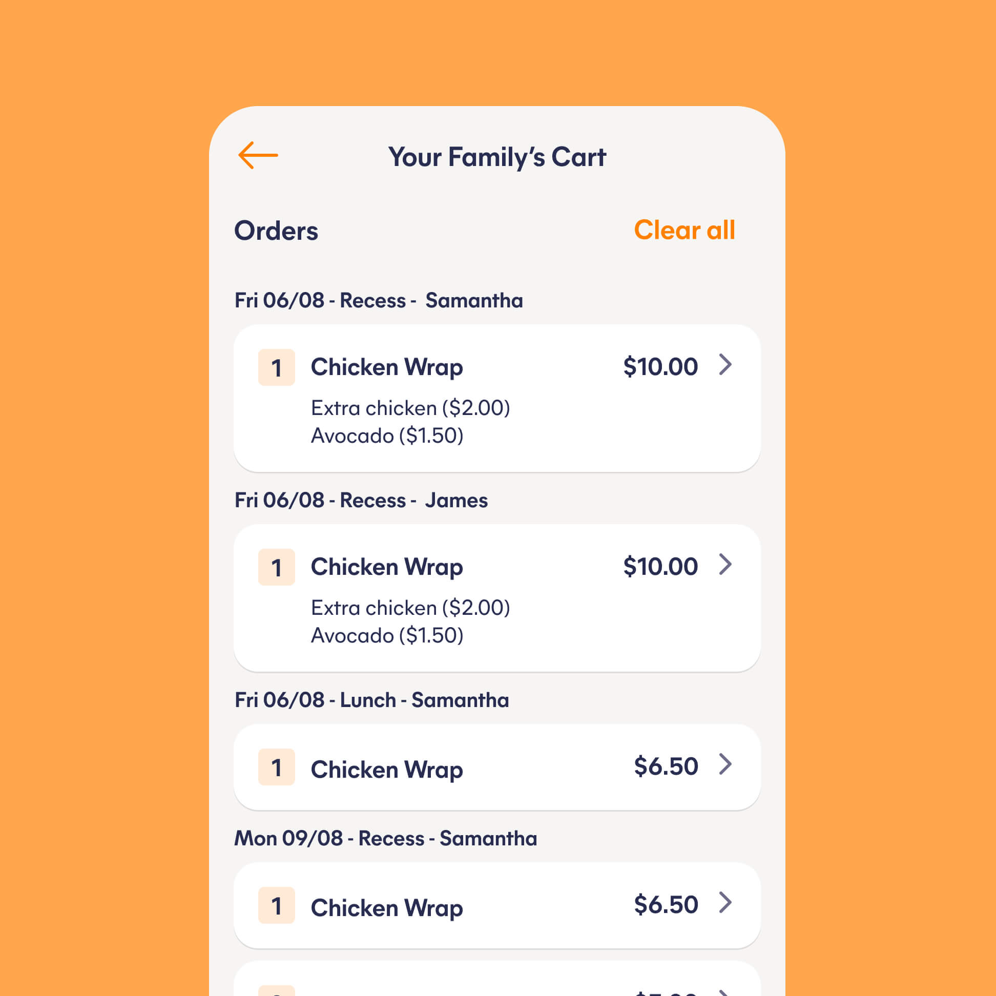 Spriggy Schools app checkout screen showing school canteen payment UI for parents