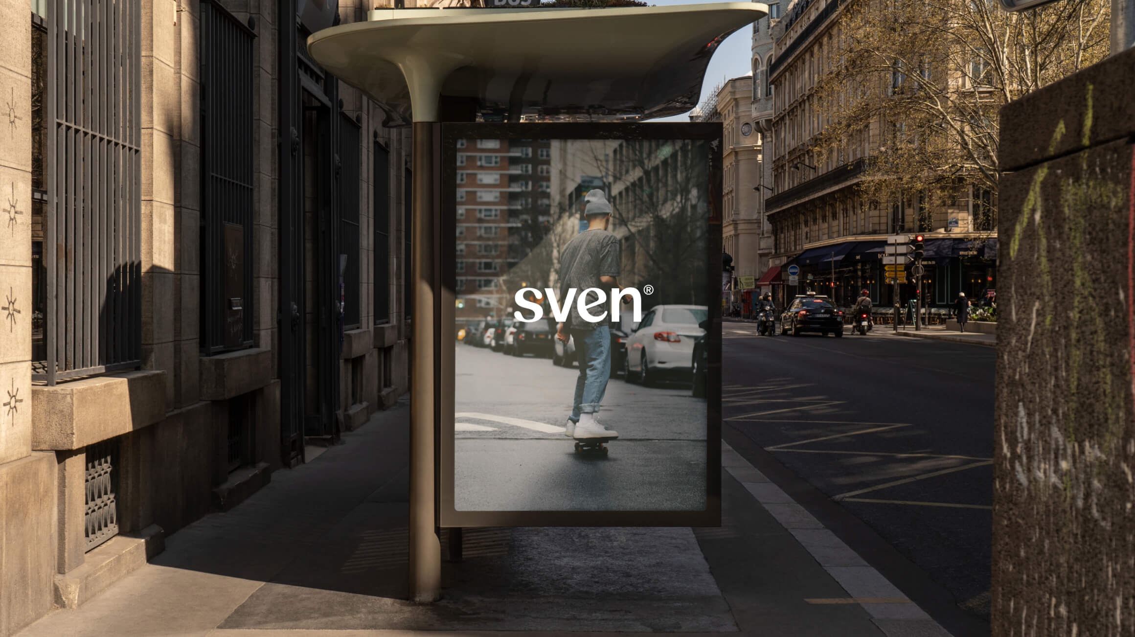 Sven bus-stop advertising poster showing the hospitality-jobs wordmark in the brand palette