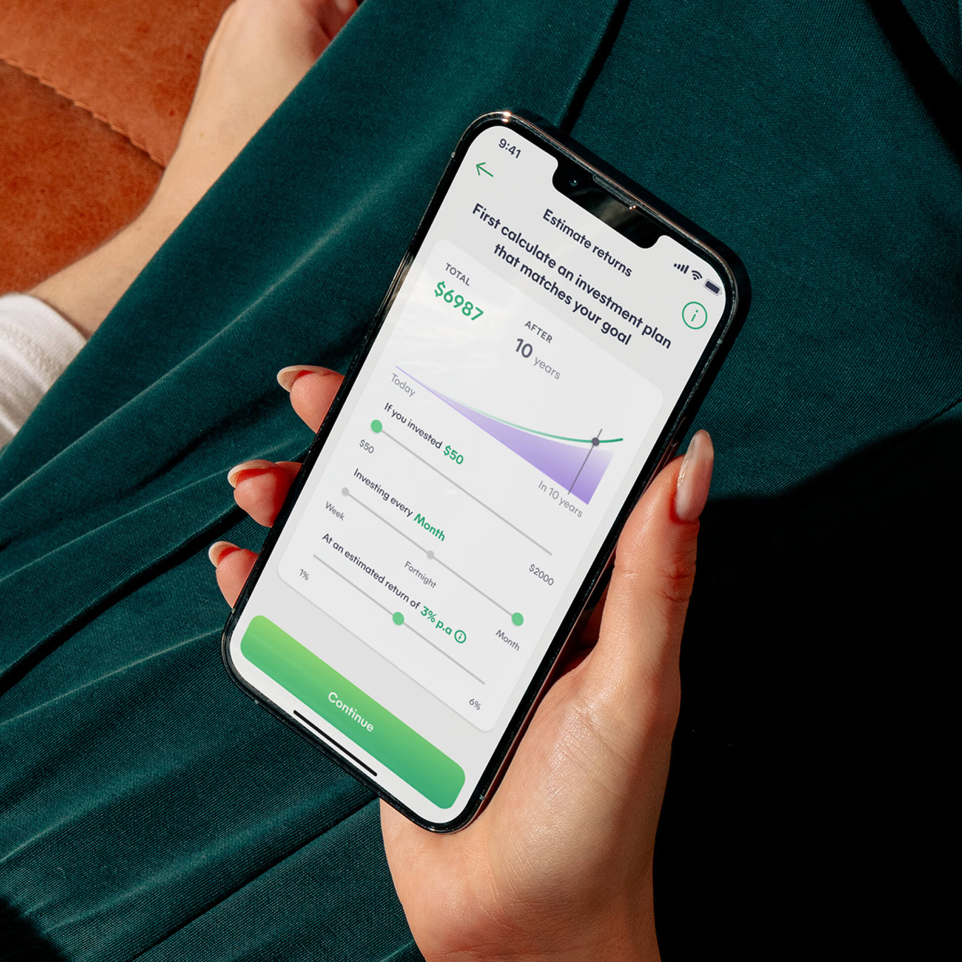 Spriggy Invest app mockup showing ETF and share selection for kids and parents