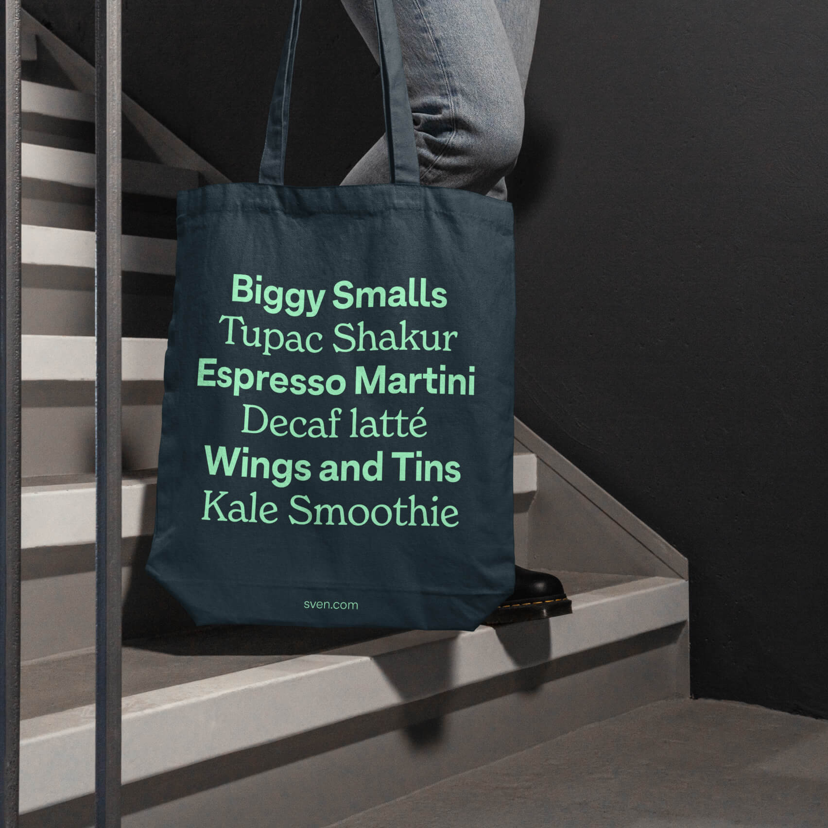 Sven-branded tote bag featuring the wordmark and graphic device in the brand palette