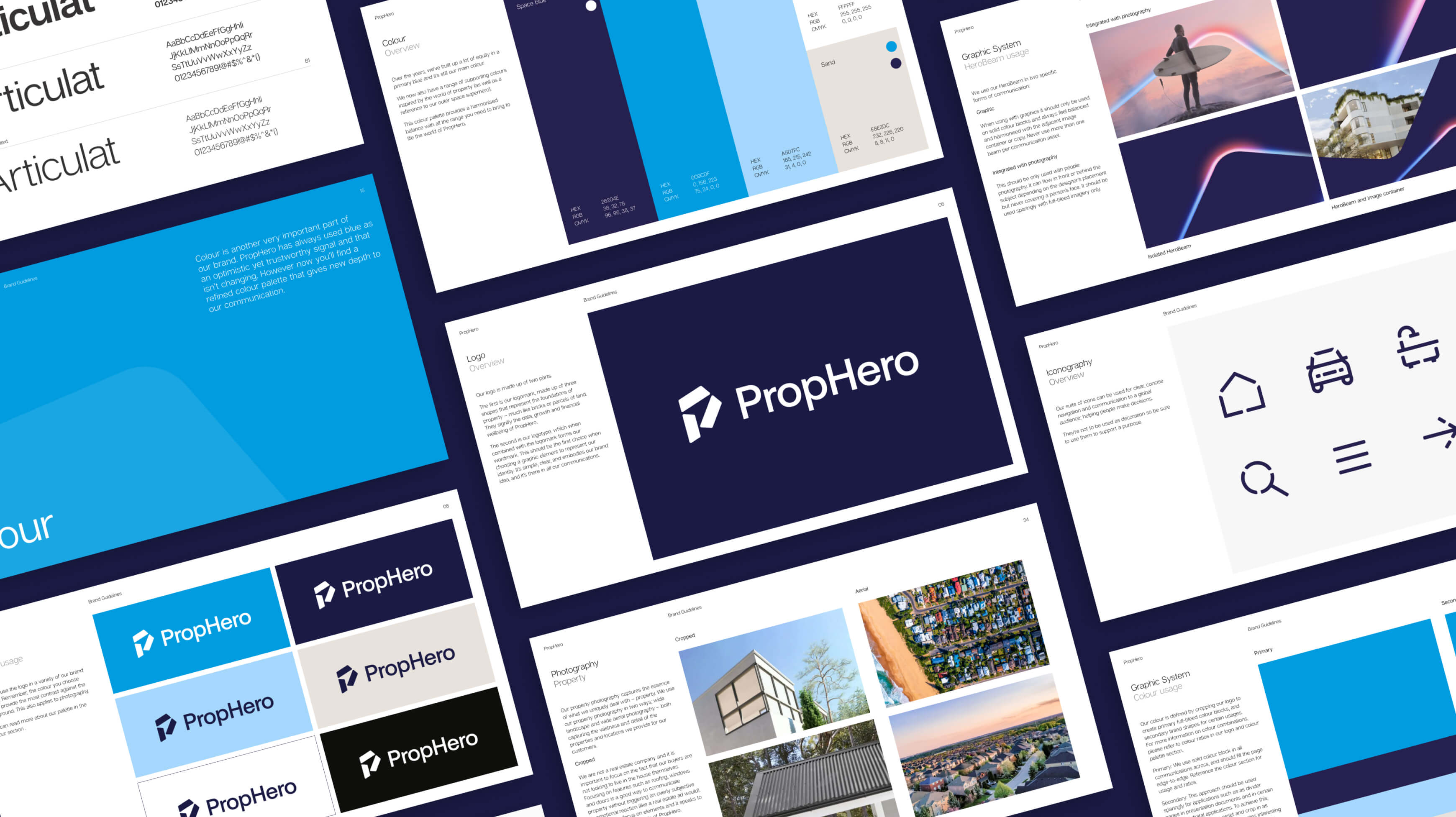 PropHero style guide pages showing logo, colour, typography and graphic device rules