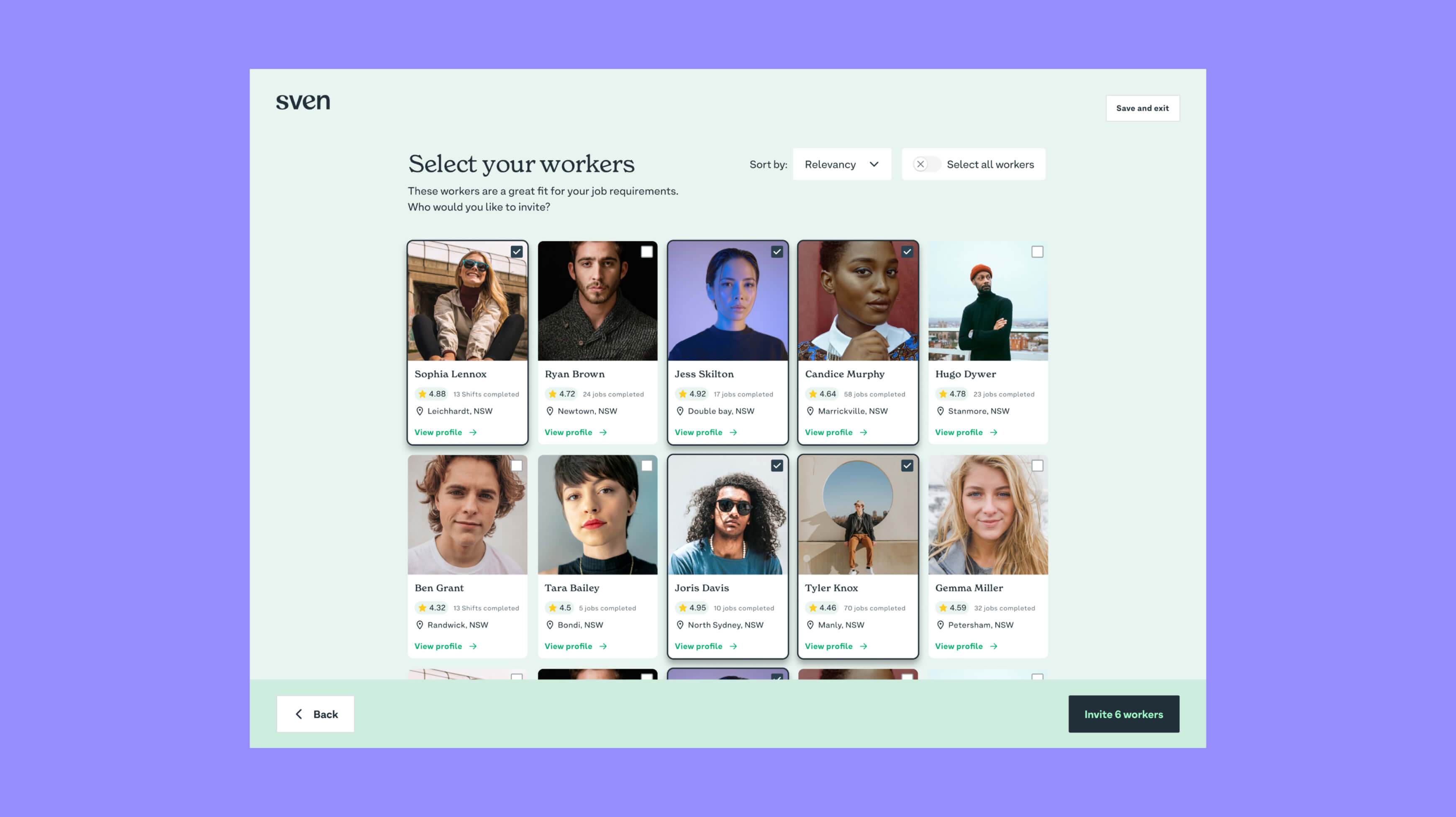 Sven product screen showing the select-workers flow for hospitality job providers