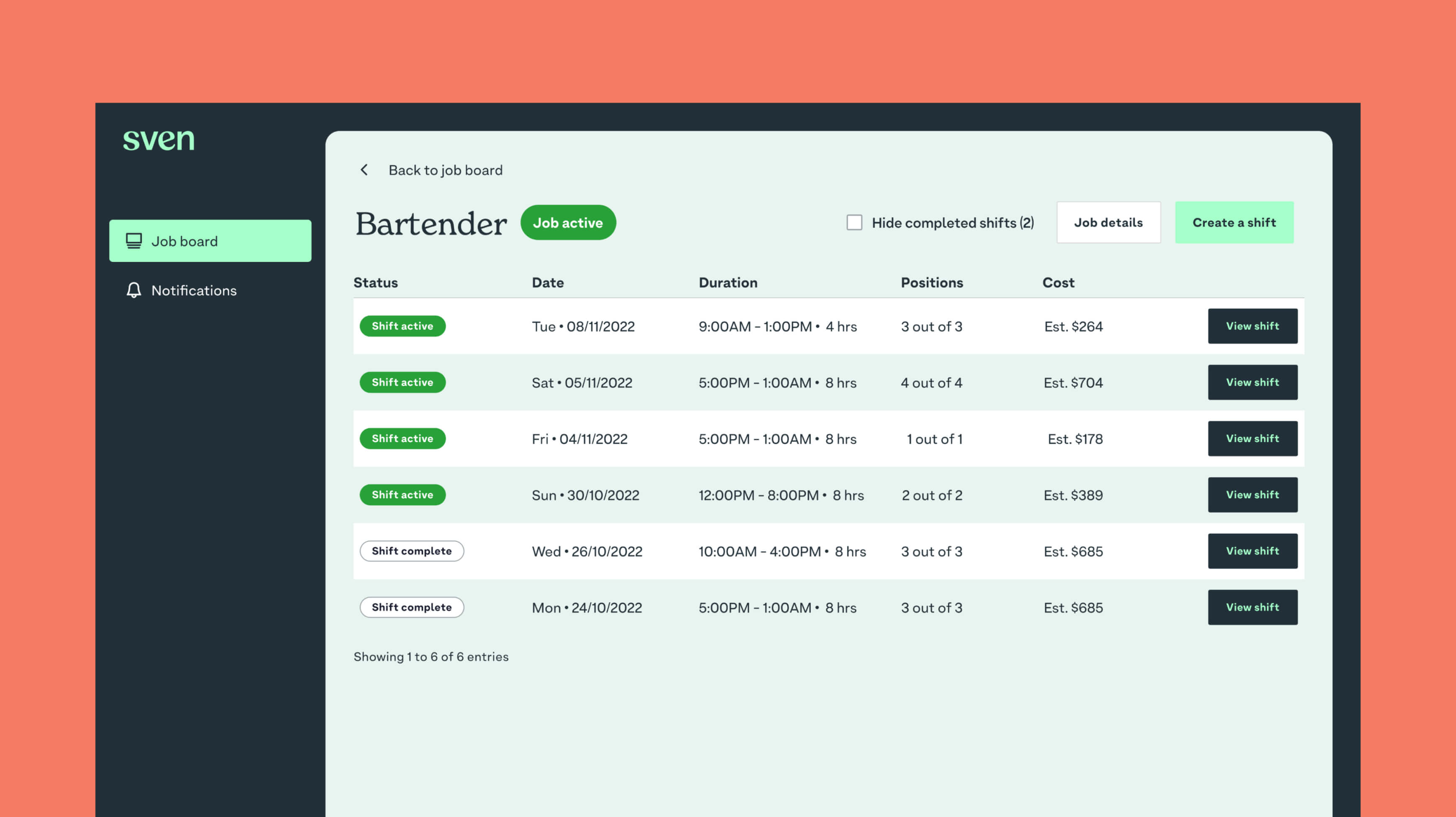 Sven app screen showing available hospitality shifts in the matched-candidate feed