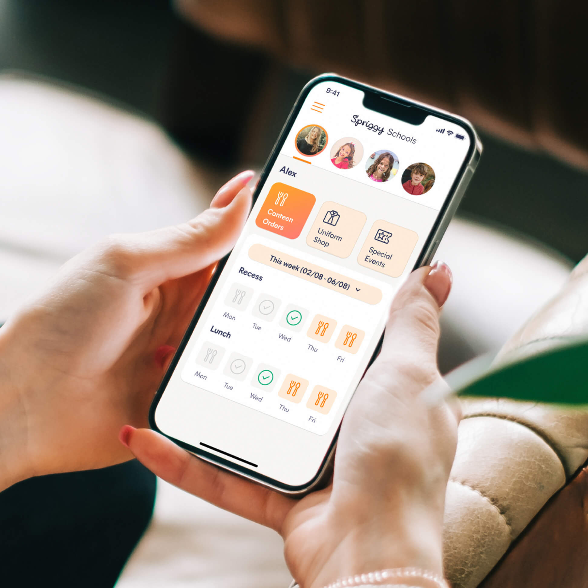 Spriggy Schools app mockup showing the two-sided design for schools and parents
