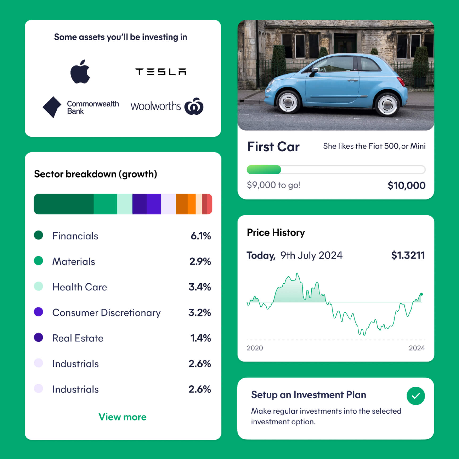 Spriggy Invest app component system showing investment UI patterns and data visualisation