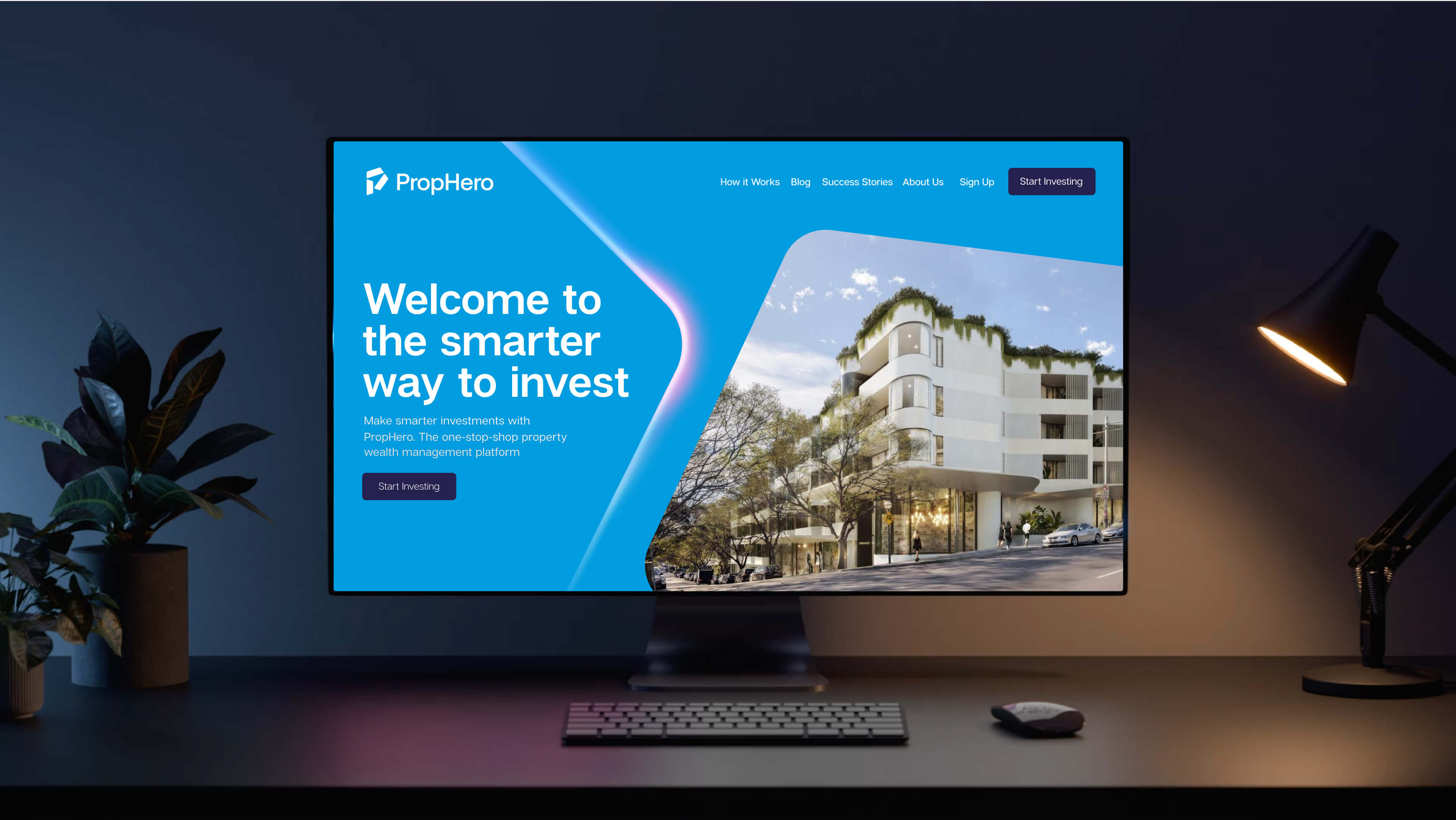 PropHero website mockup showing the refreshed proptech brand identity in context