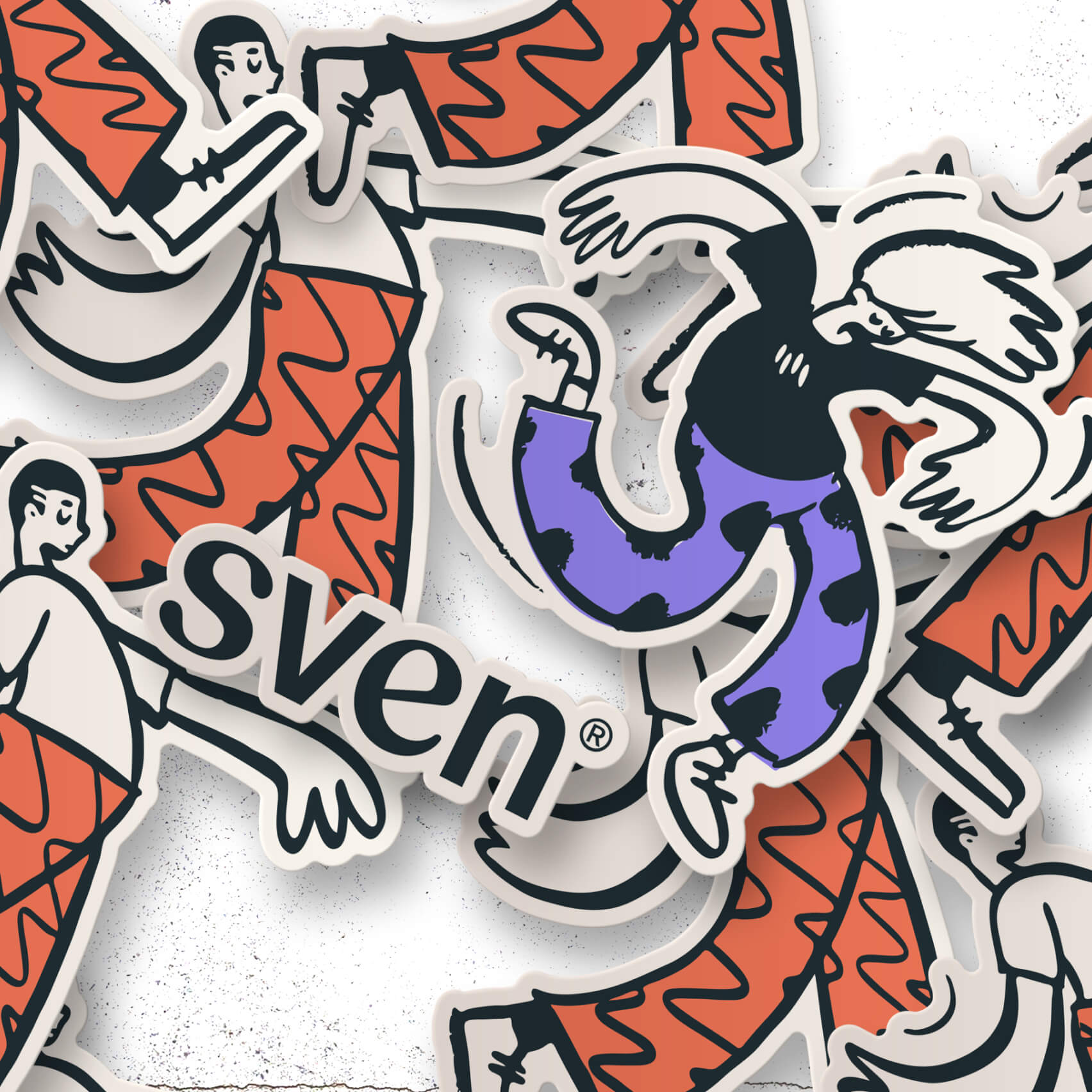 Sven sticker sheet featuring the wordmark, icons and graphic devices in brand colours