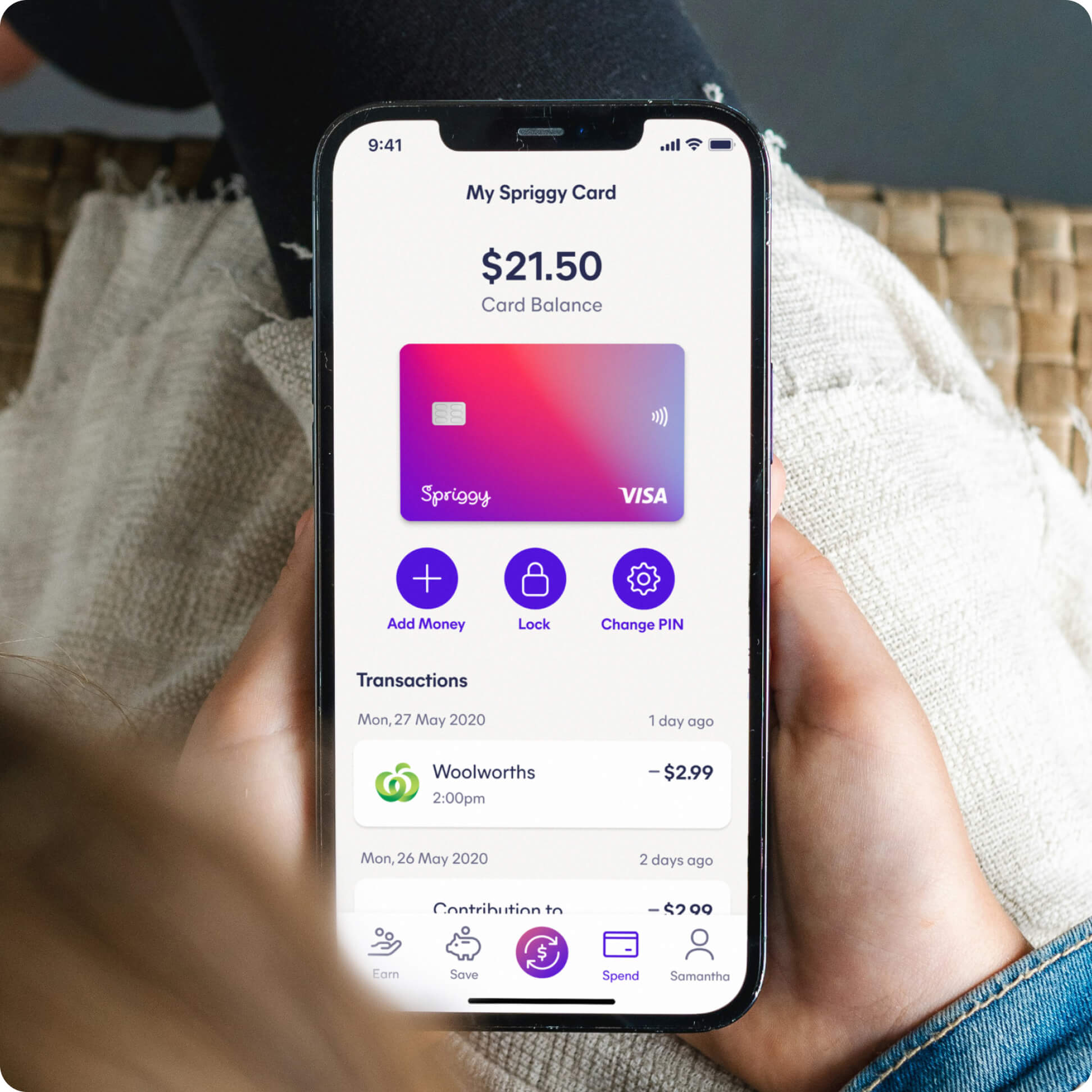 Spriggy Pocket Money app home screen on a mobile phone showing kids card balances