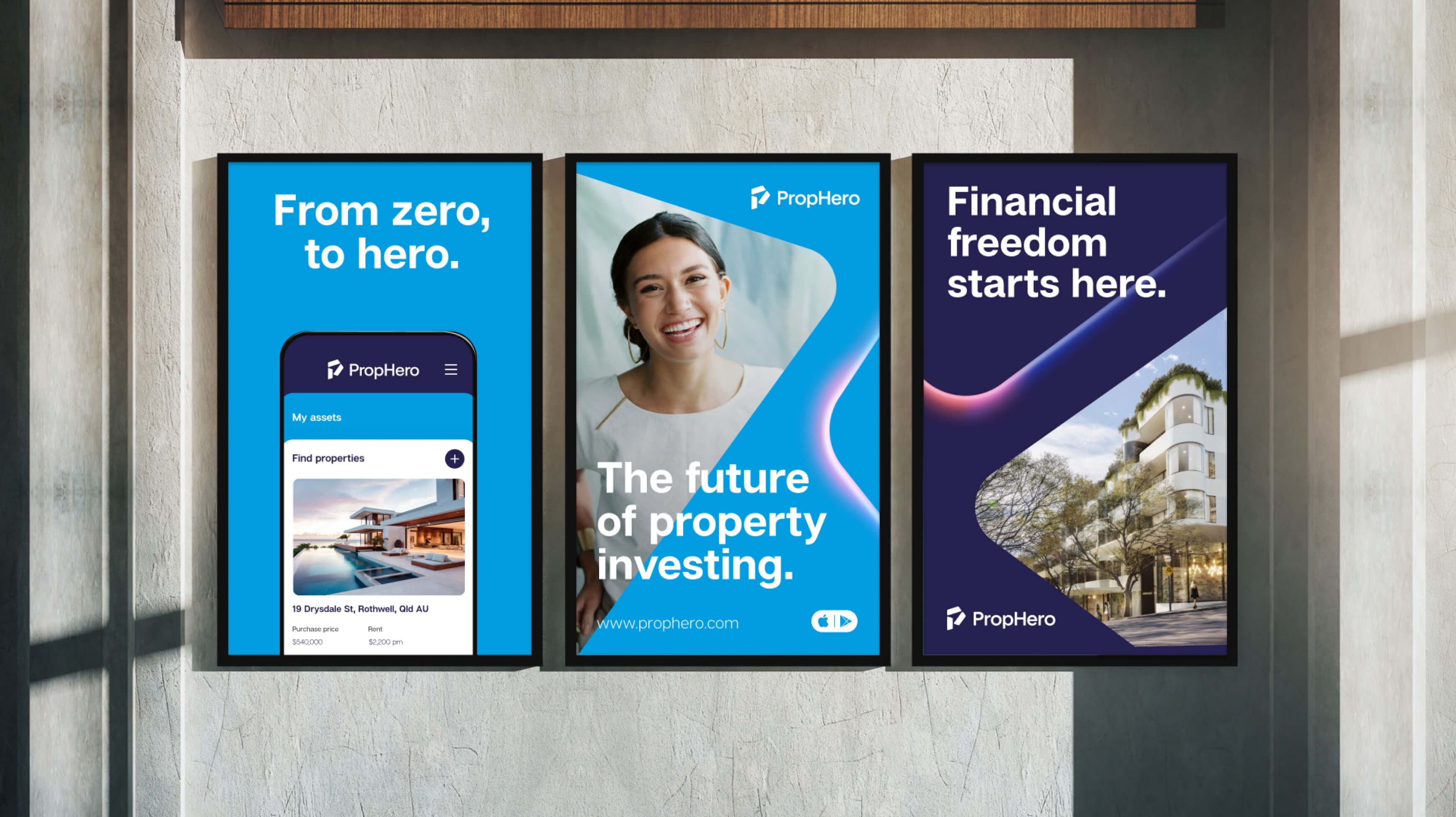 PropHero poster set showing the HeroBeam graphic device across multiple brand messages