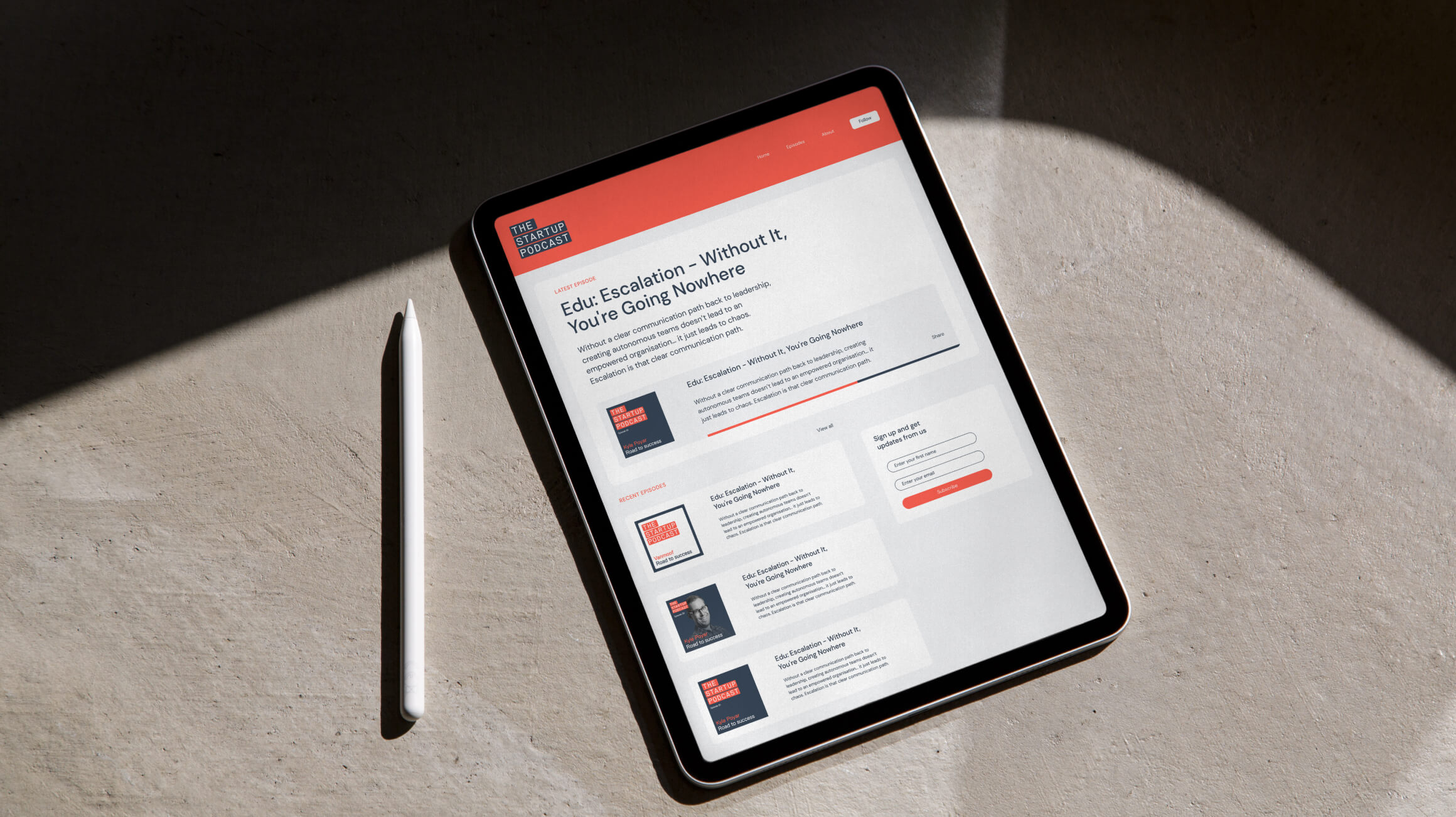 The Startup Podcast brand shown on an iPad with episode artwork in the refreshed identity