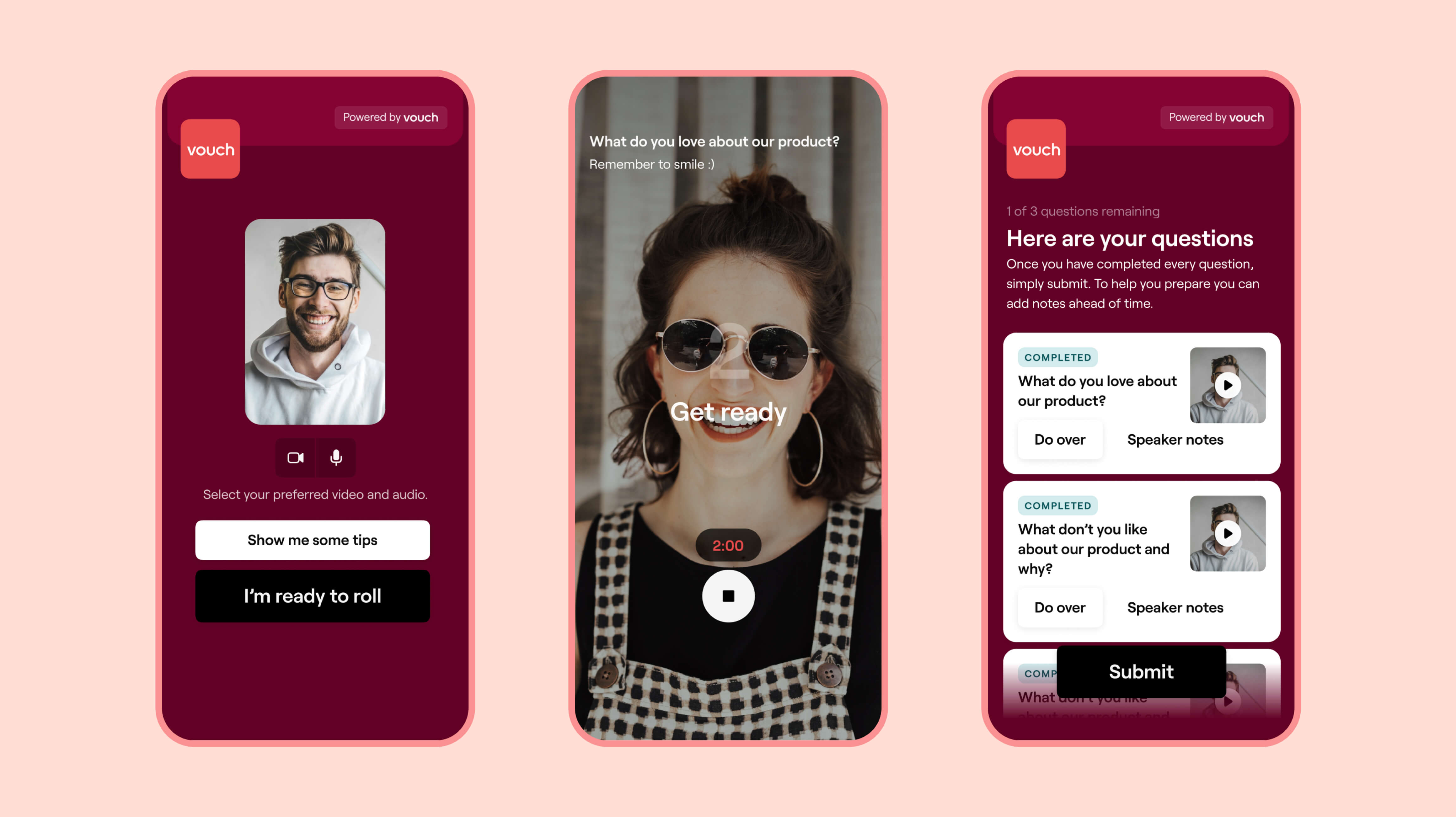 Vouch product shown across multiple mobile phone screens demonstrating the recording flow