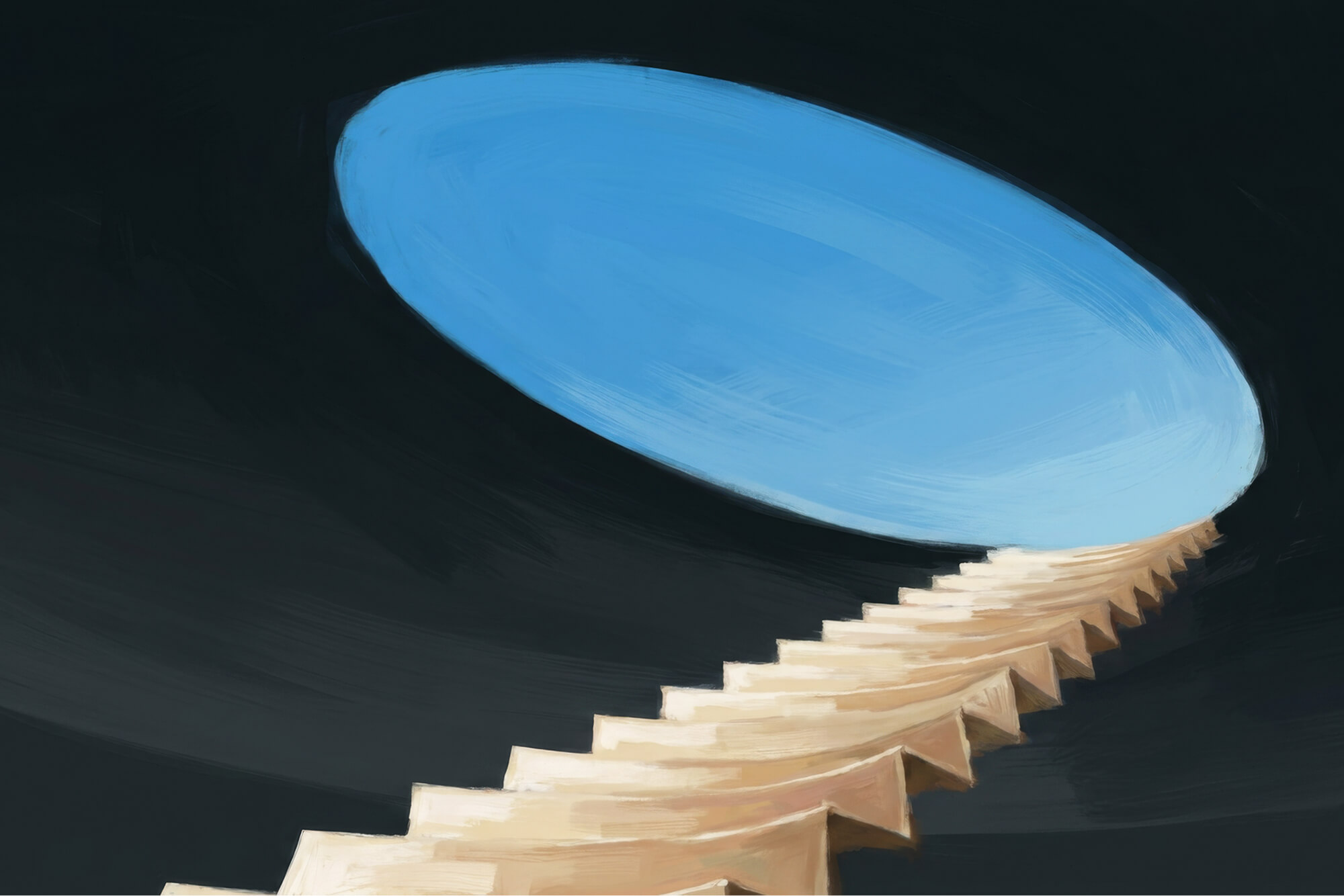 Painterly illustration of a pale staircase rising through darkness toward a glowing blue oval opening, like a portal to open sky.