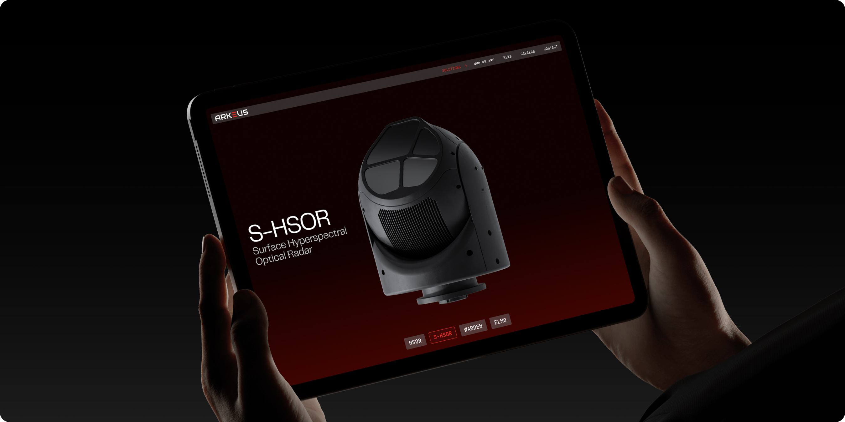 Arkeus website displayed on a tablet showing a hyperspectral optical radar product