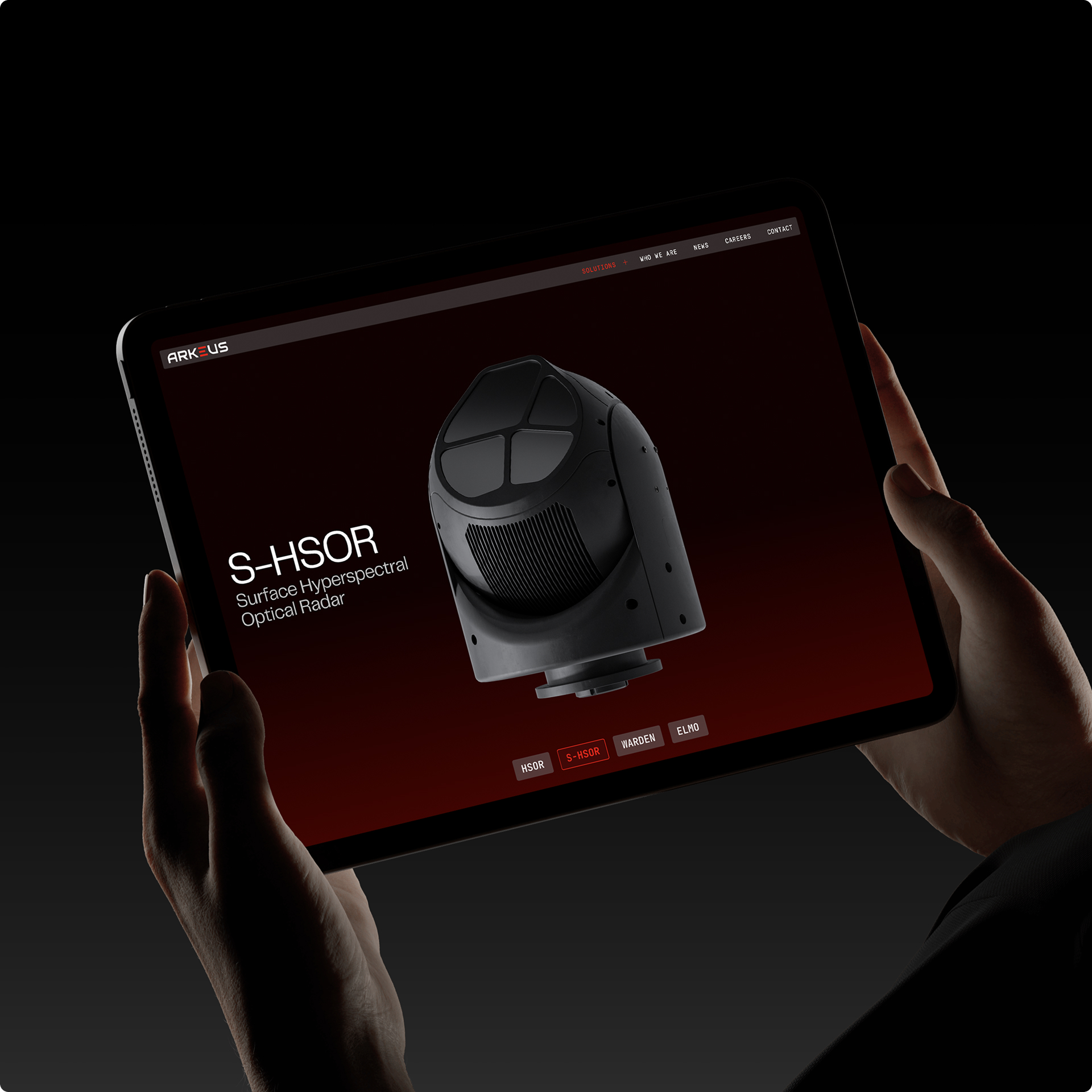 Arkeus website displayed on a tablet showing a hyperspectral optical radar product