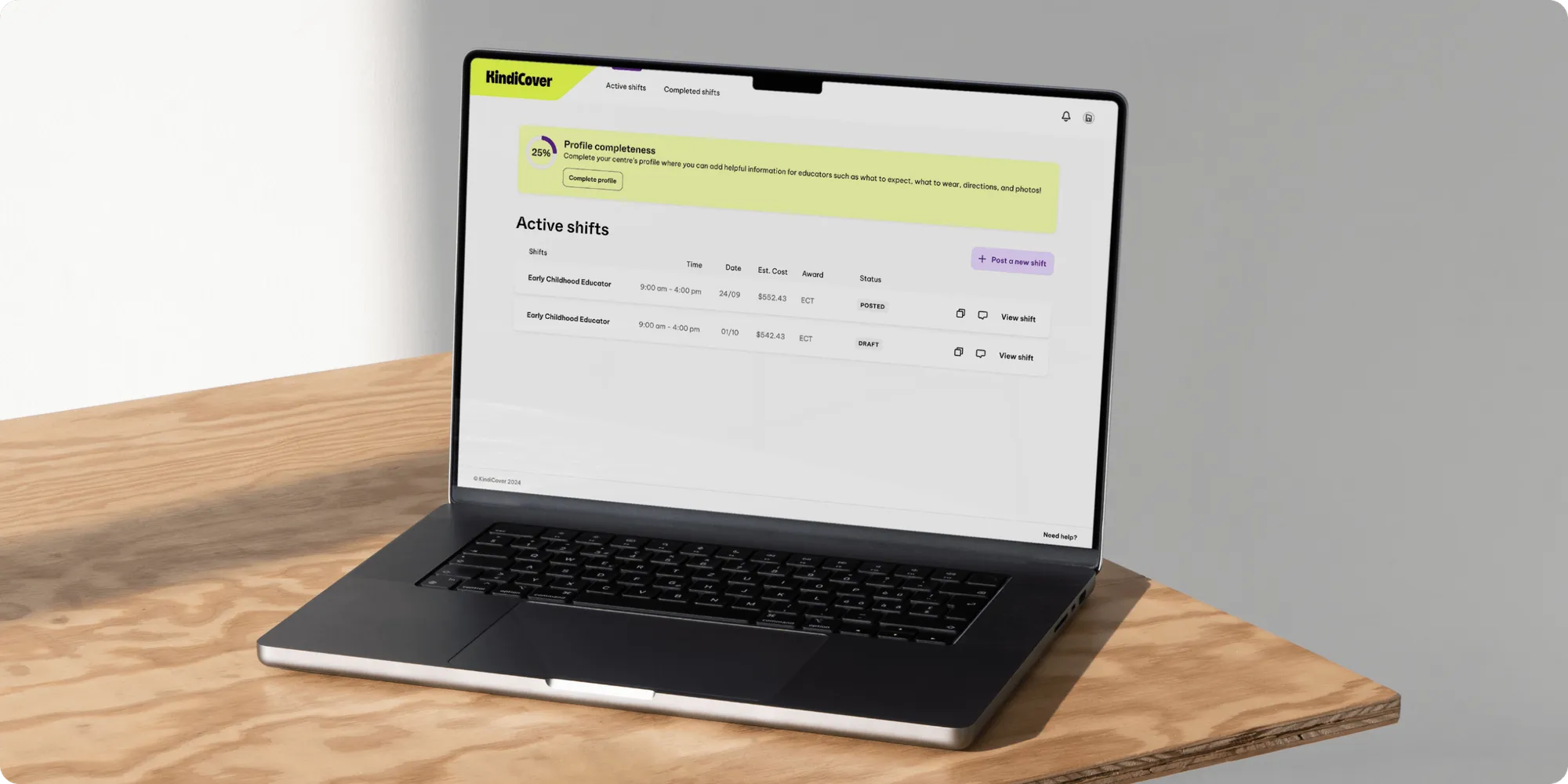 KindiCover app product screen showing educator shift booking in the brand identity