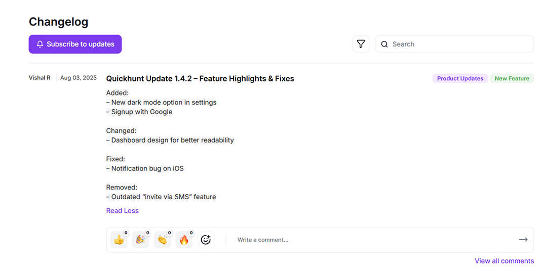 changelog example