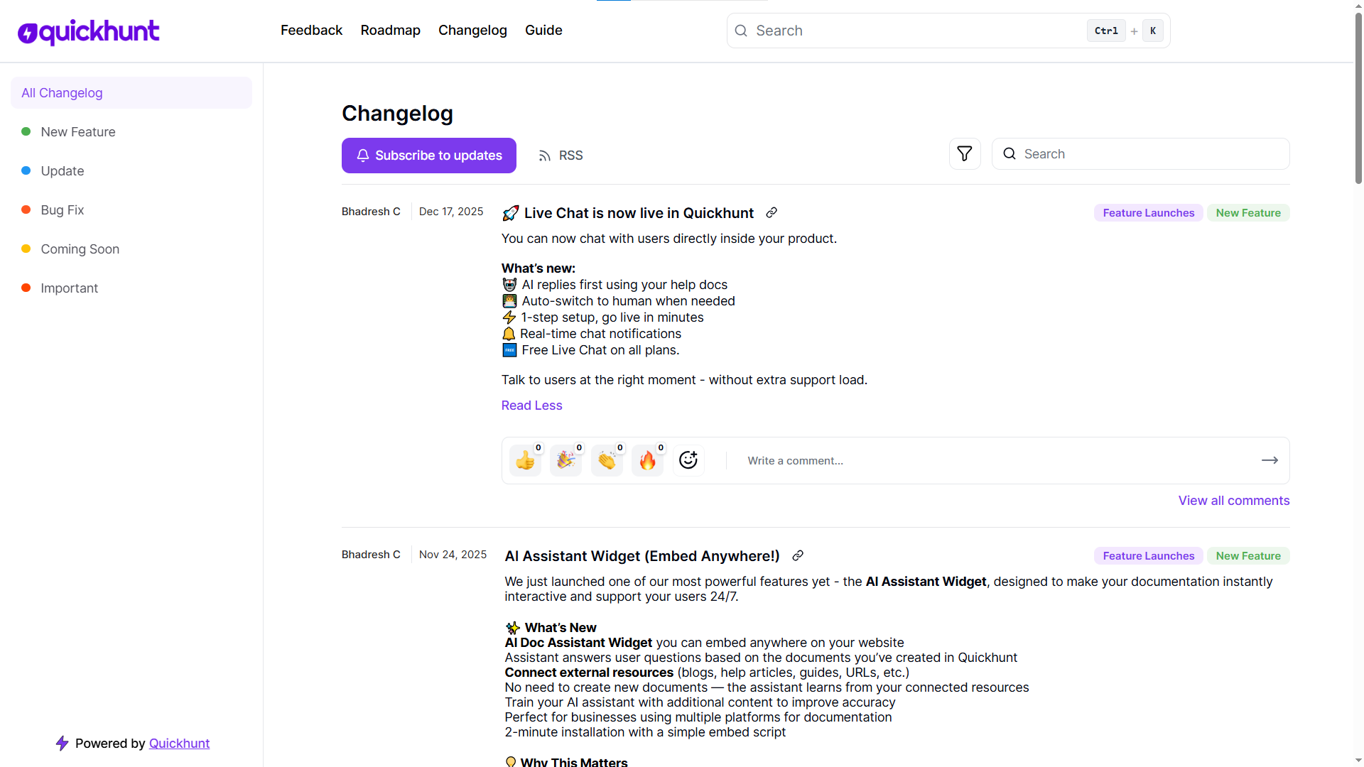 Quickhunt changelog examples