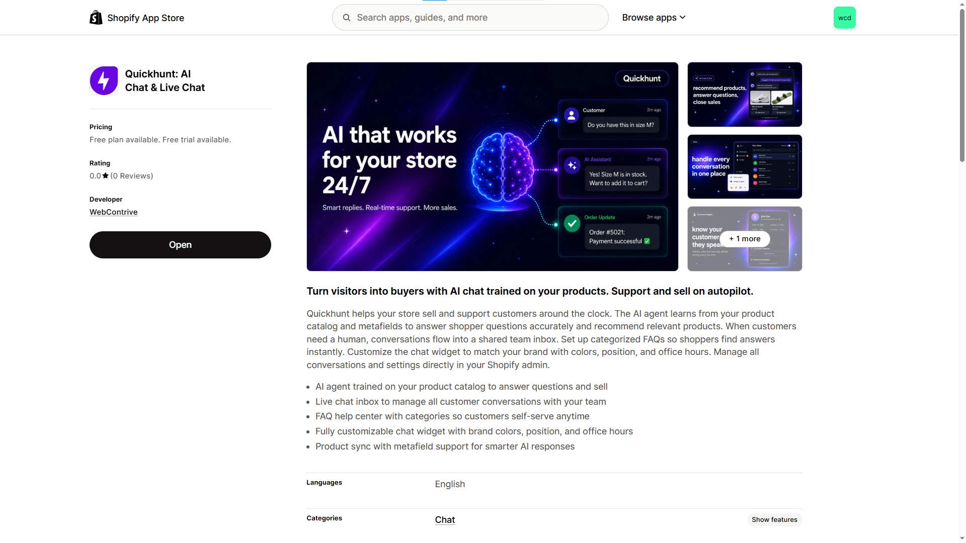 Quickhunt live chat app for shopify