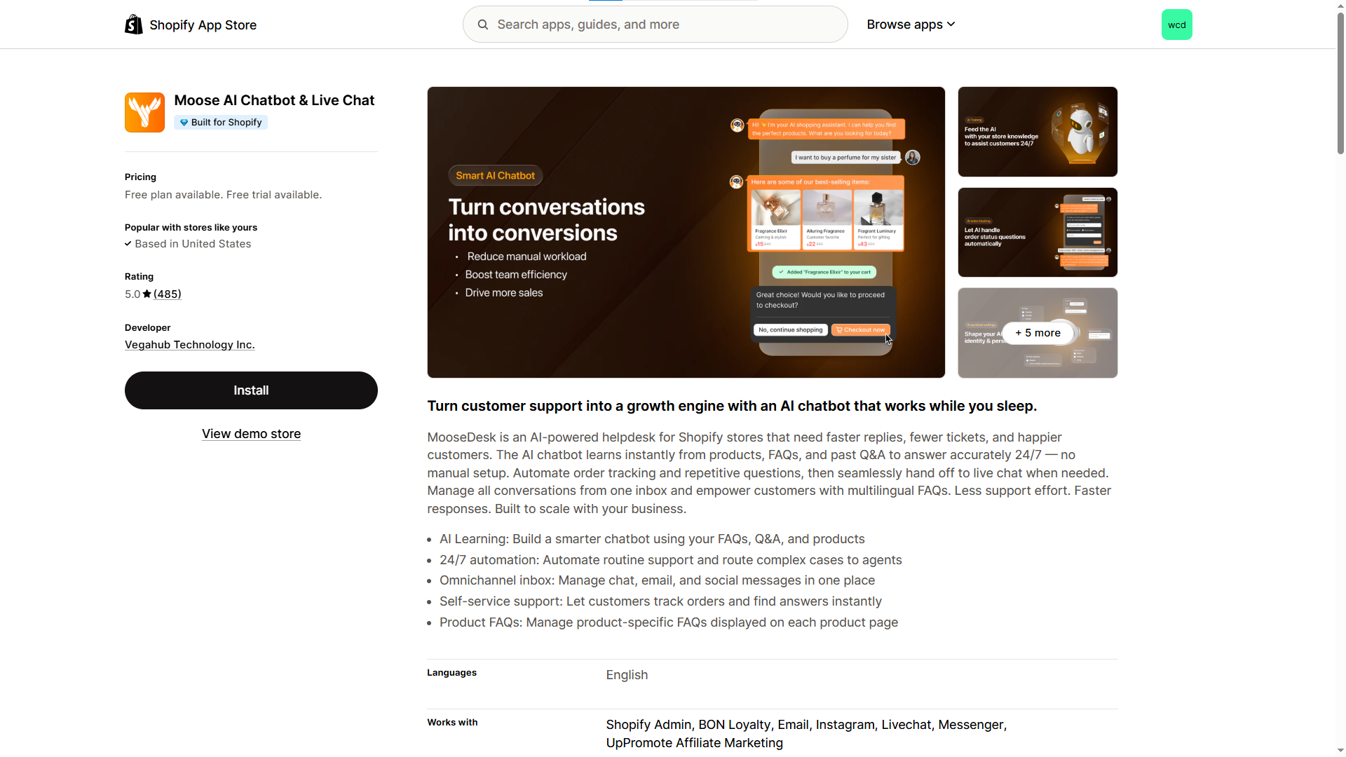 Moose live chat app for shopify