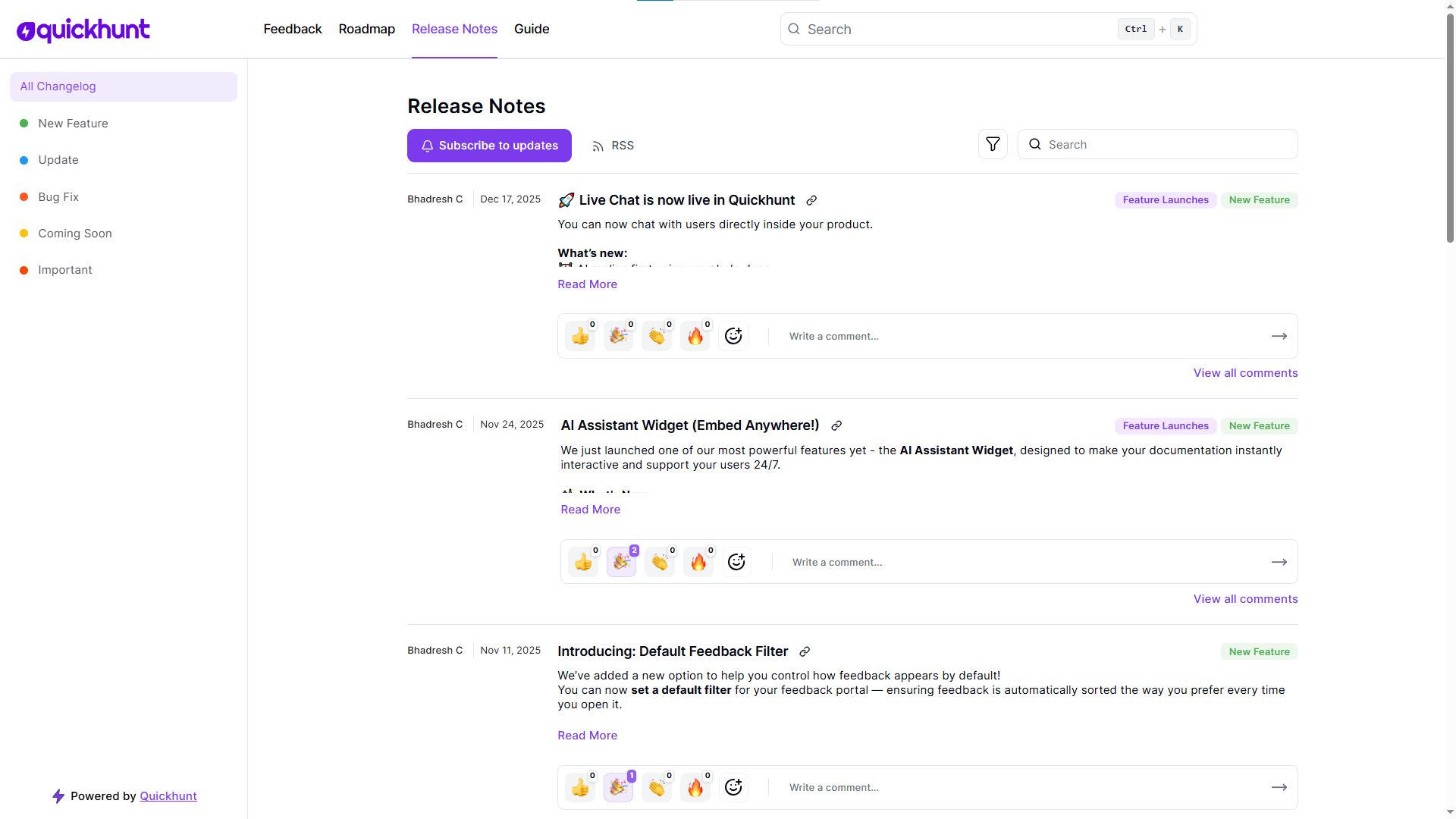 Quickhunt Release Notes Example