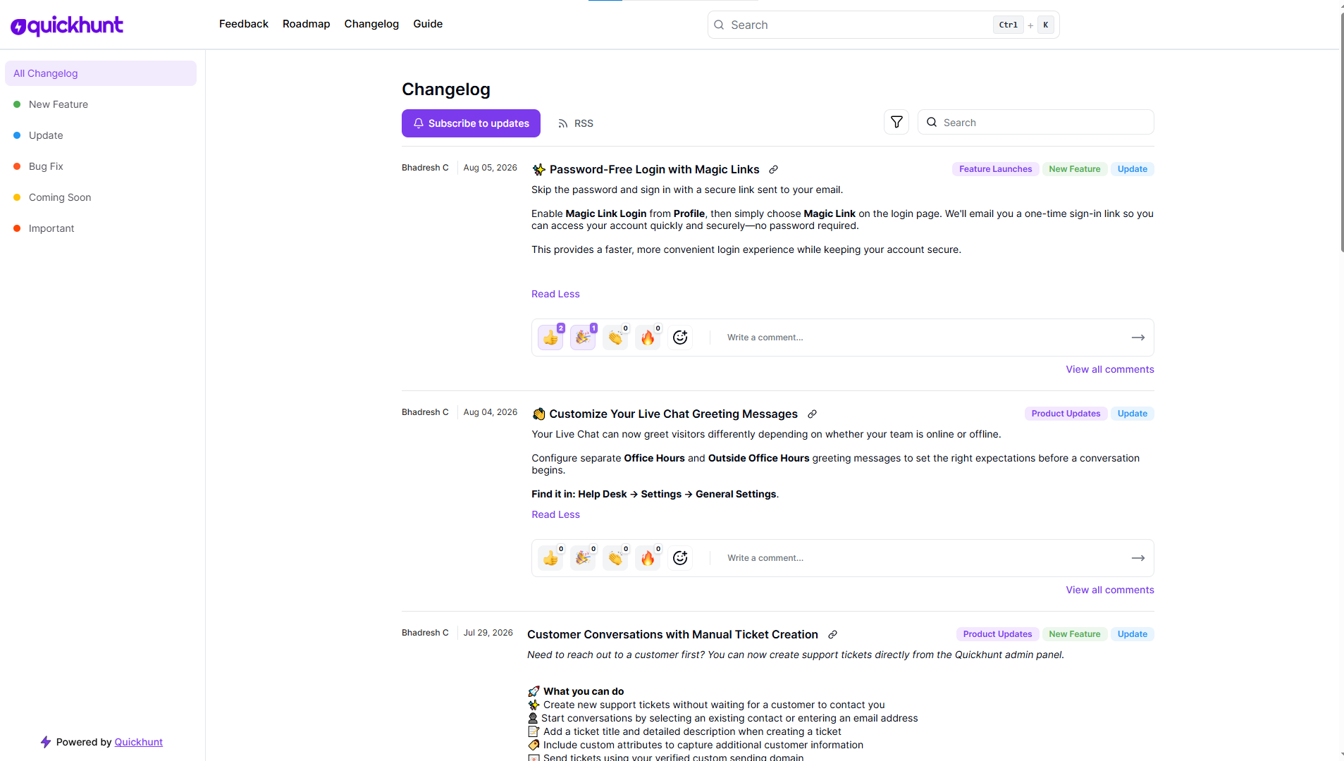 Quickhunt Changelog Examples