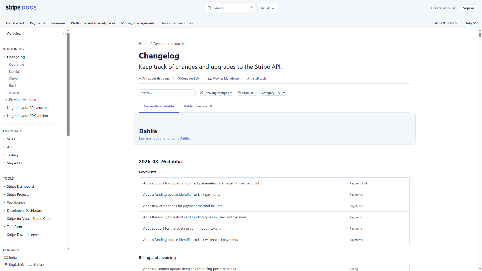 Stripe changelog examples