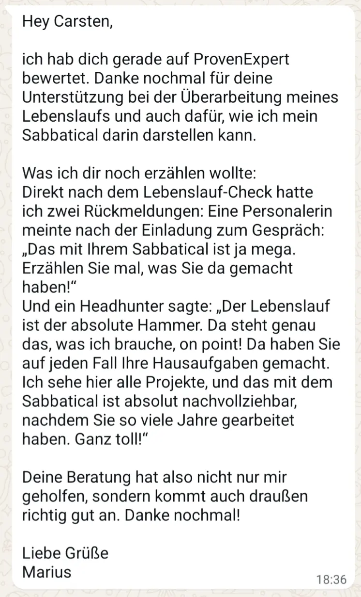 WhatsApp-Nachricht von Marius: starkes Feedback von Personalerin und Headhunter zum Lebenslauf nach dem Bewerbungstraining