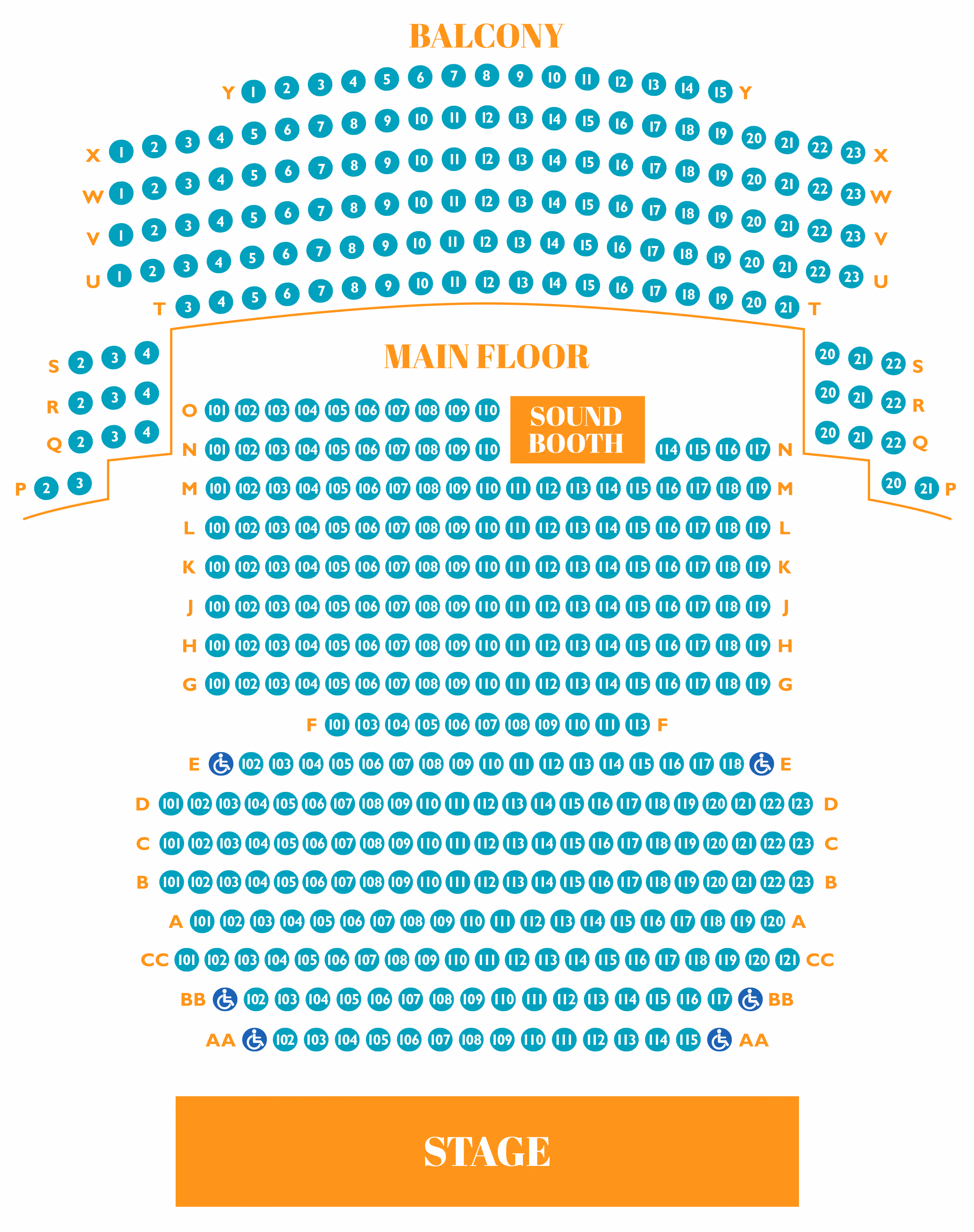 Seating chart of a theater showing Main Floor and Balcony sections, seat numbers, wheelchair accessible seats, sound booth location, and stage position.