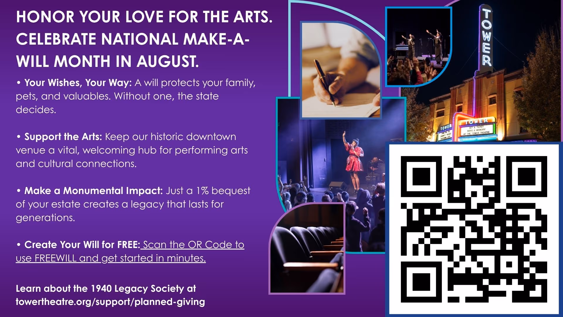 Image describing impact of including the TOwer Theatre in your estate. August is Make a Will month.